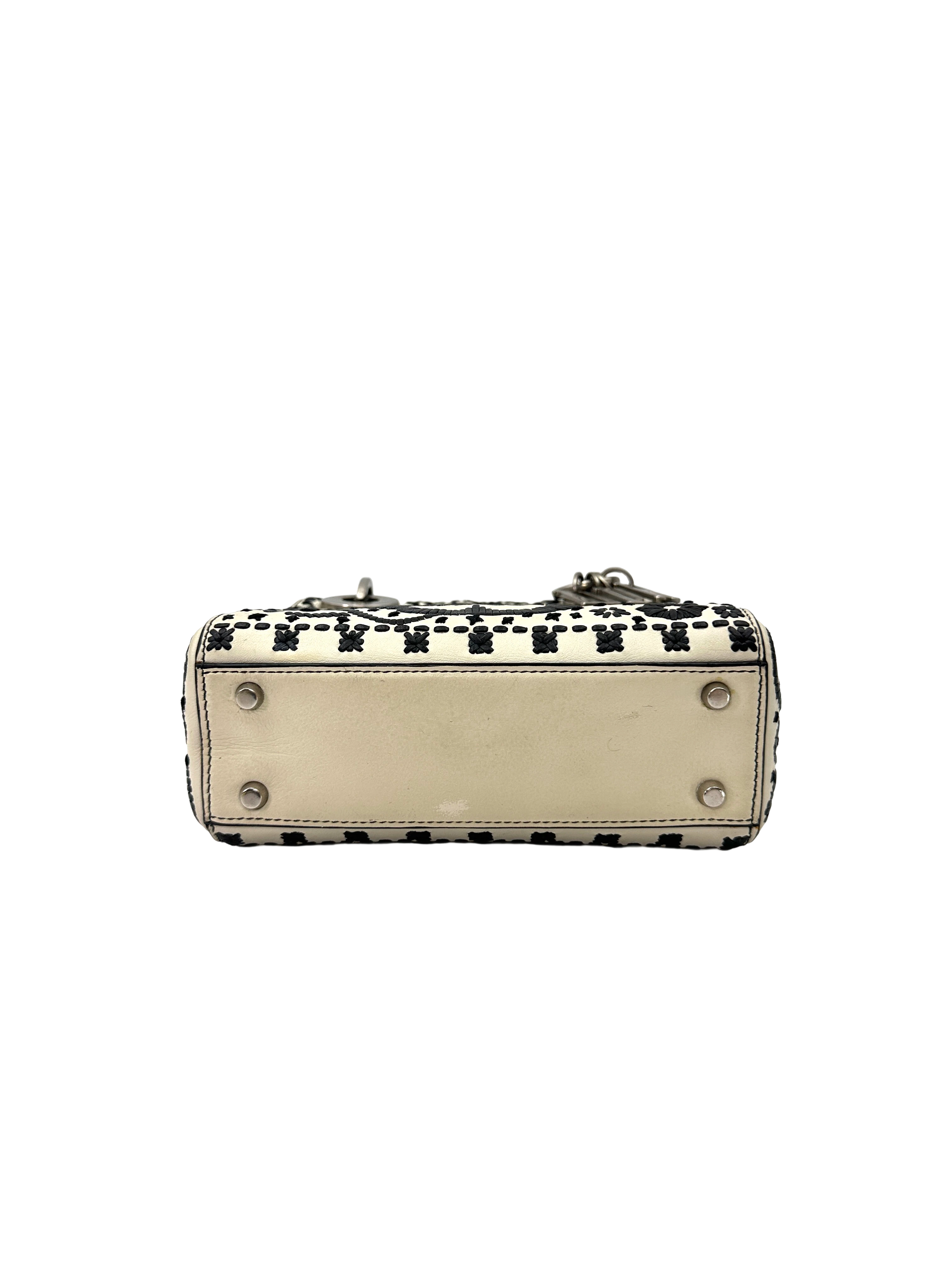 Christian Dior Lady Dior White/Black Embroidered Floral Leather Handle Bag DR870