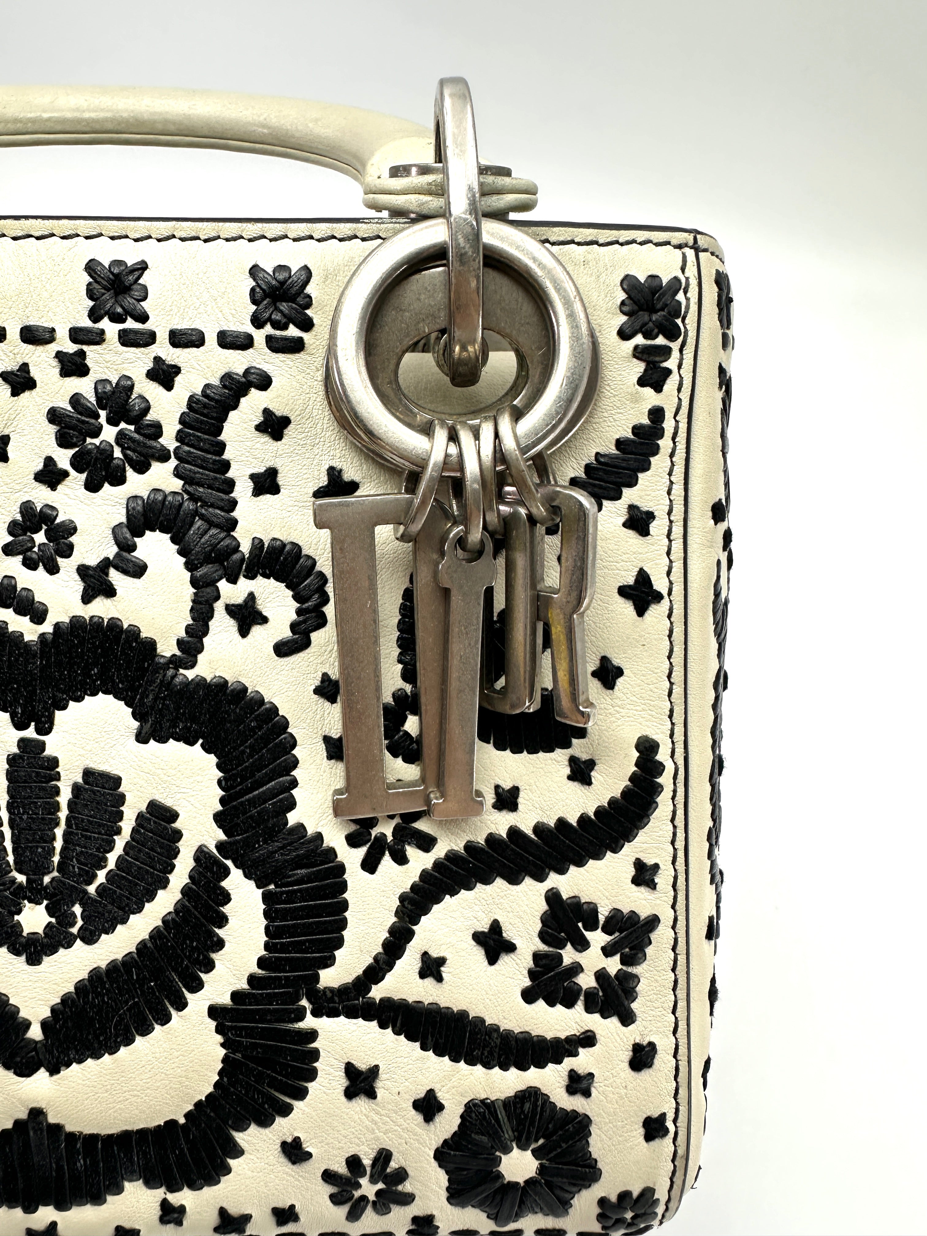 Christian Dior Lady Dior White/Black Embroidered Floral Leather Handle Bag DR870