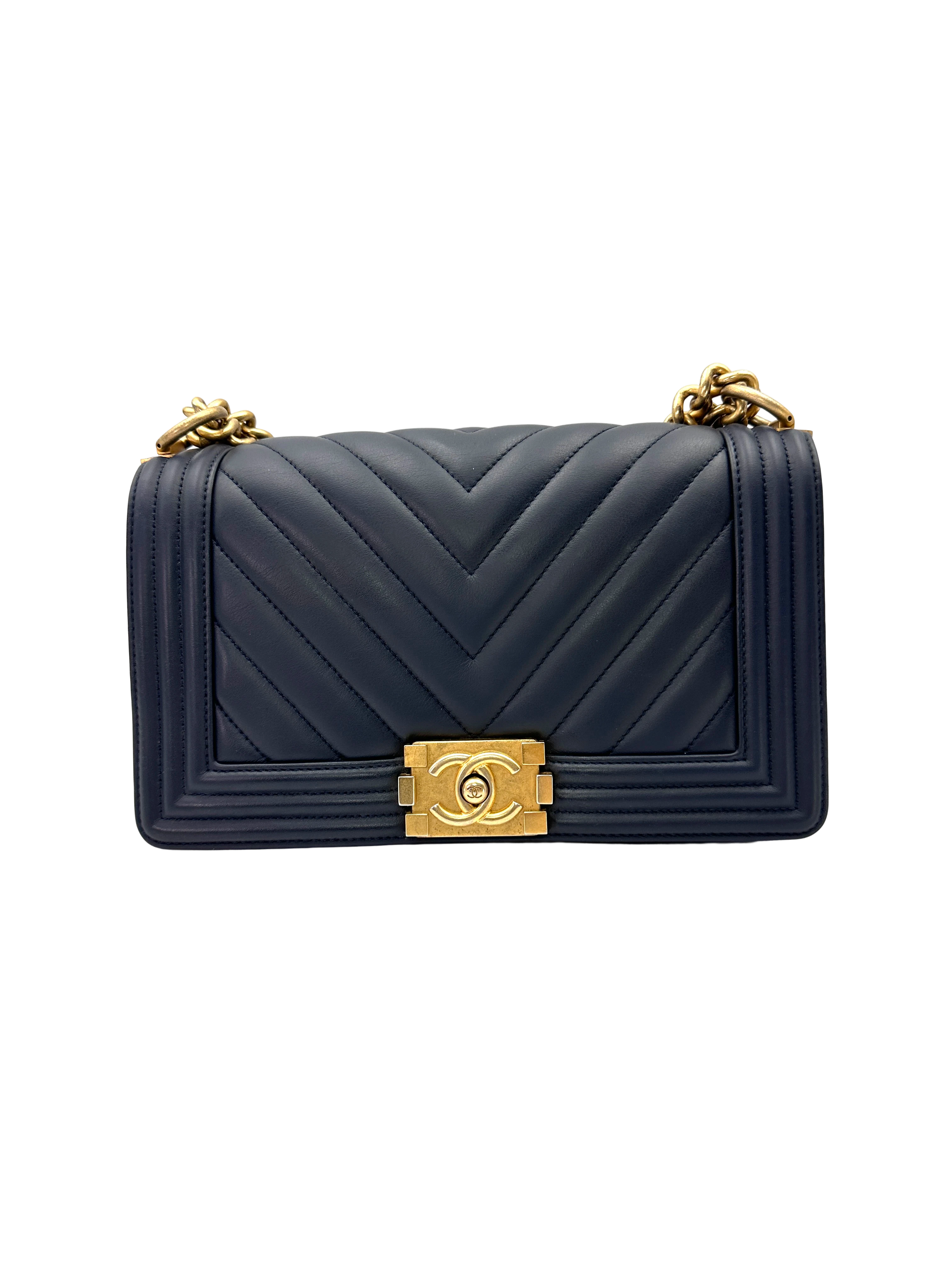 Chanel LeBoy Navy Chevron Quilted Leather Flap Bag With Gold Buckle(25***03) CC2431