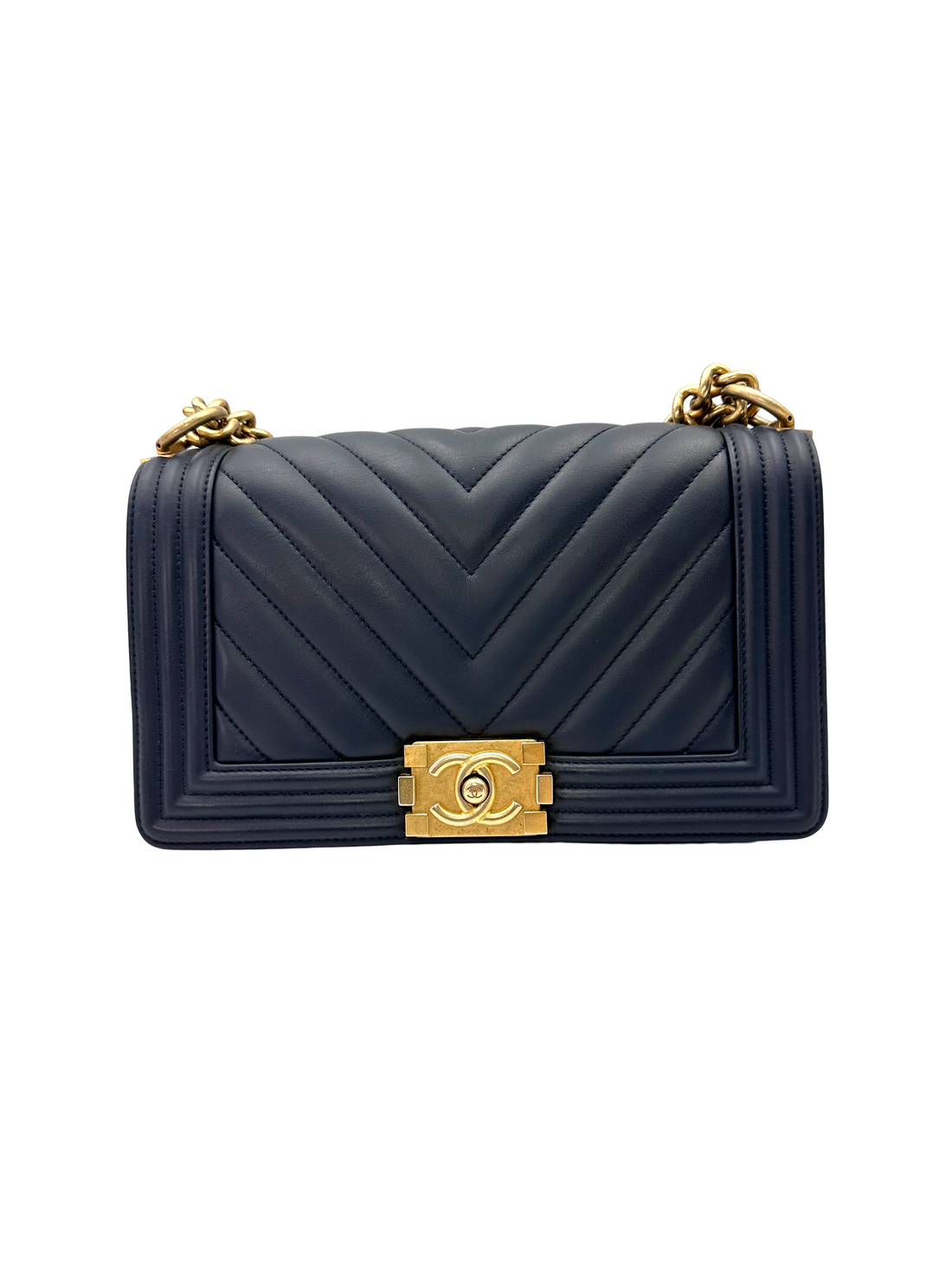 Chanel LeBoy Navy Chevron Quilted Leather Flap Bag With Gold Buckle(25***03) CC2431
