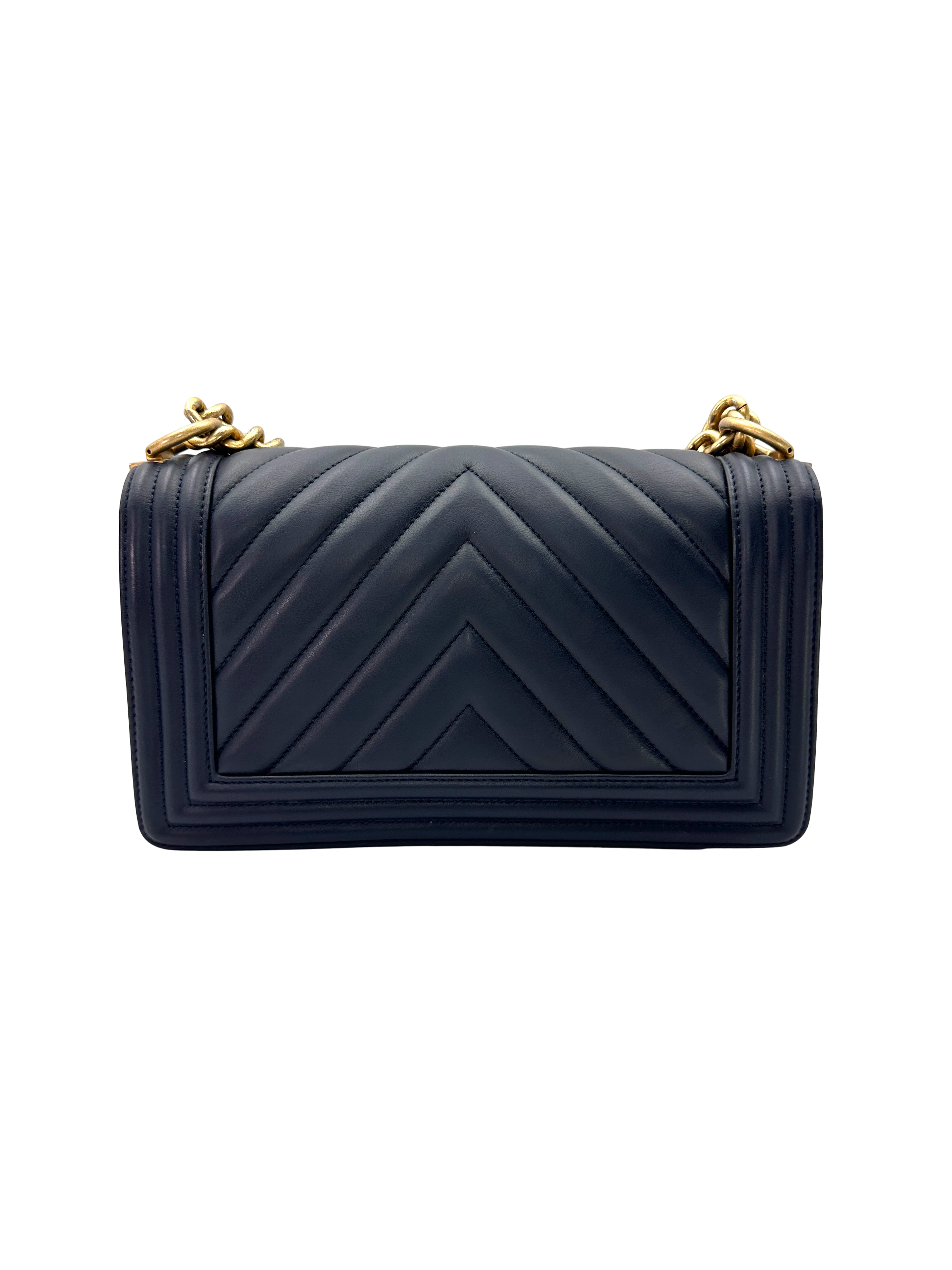 Chanel LeBoy Navy Chevron Quilted Leather Flap Bag With Gold Buckle(25***03) CC2431