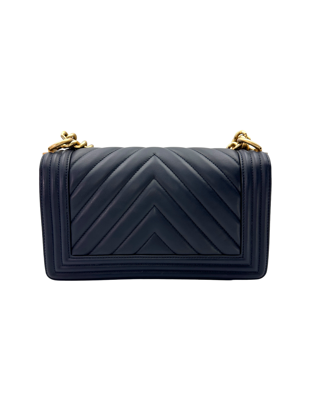 Chanel LeBoy Navy Chevron Quilted Leather Flap Bag With Gold Buckle(25***03) CC2431