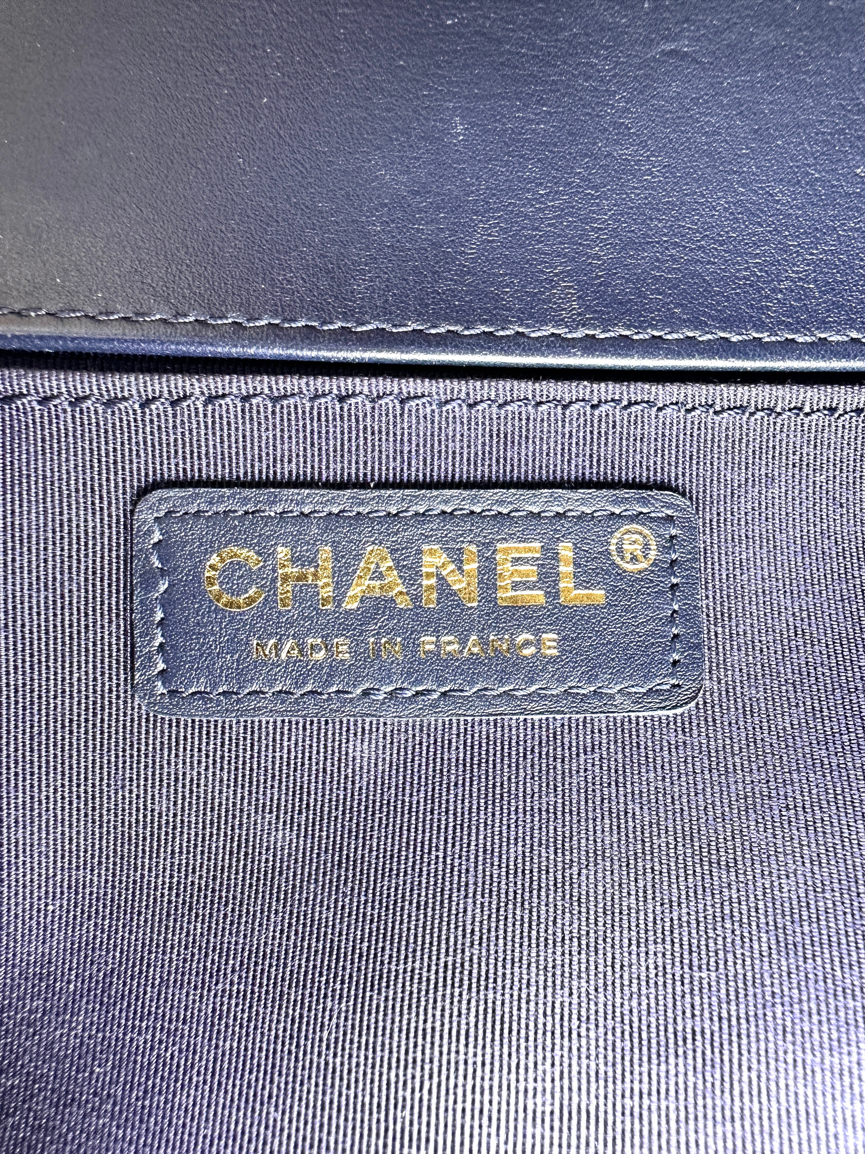 Chanel LeBoy Navy Chevron Quilted Leather Flap Bag With Gold Buckle(25***03) CC2431