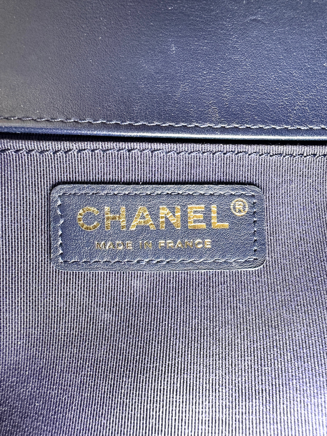 Chanel LeBoy Navy Chevron Quilted Leather Flap Bag With Gold Buckle(25***03) CC2431