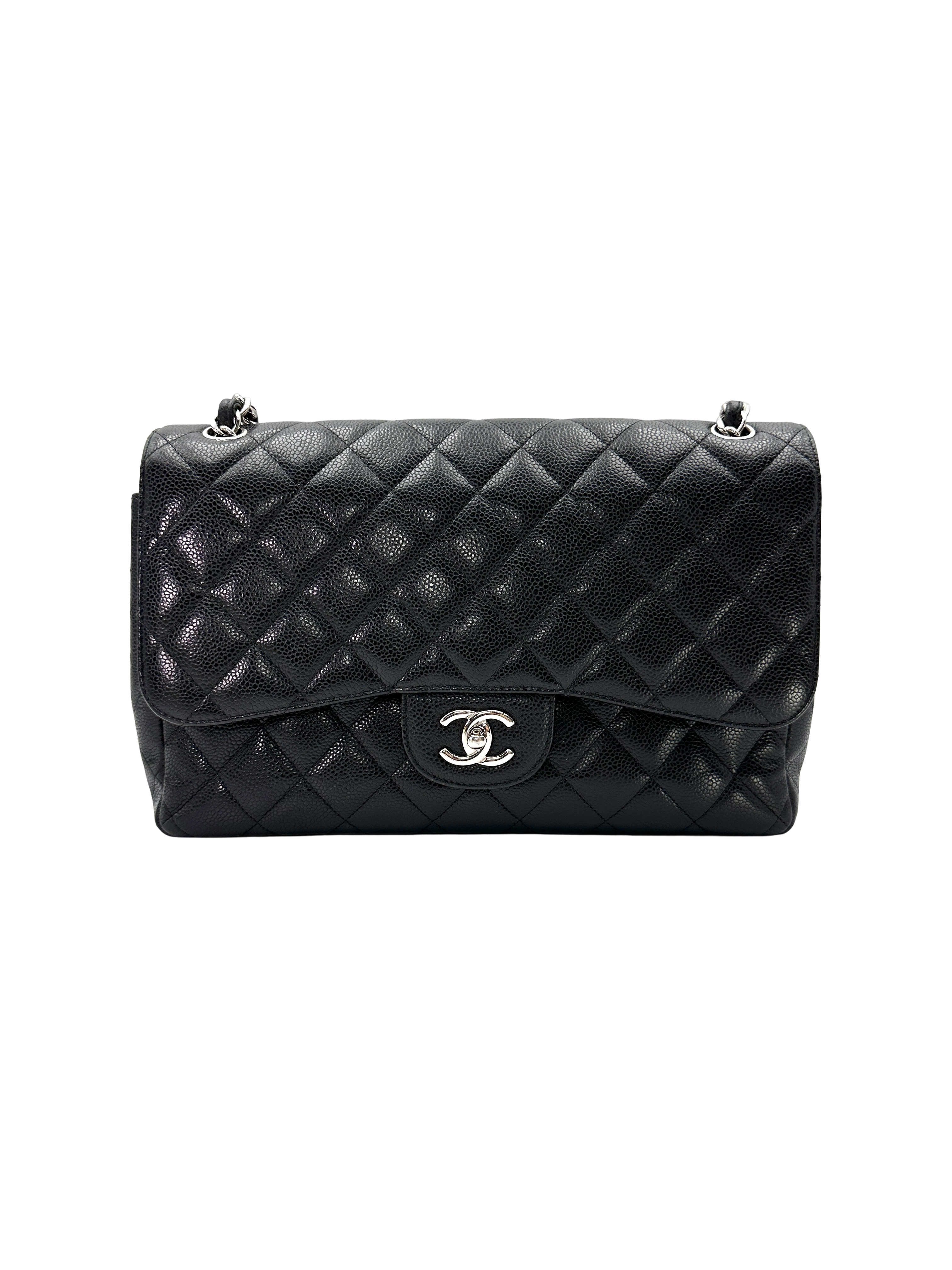 Chanel Classic Flap Black Quilted Leather Jumbo Shoulder Bag With Silver Hardware(17***19) CC2422