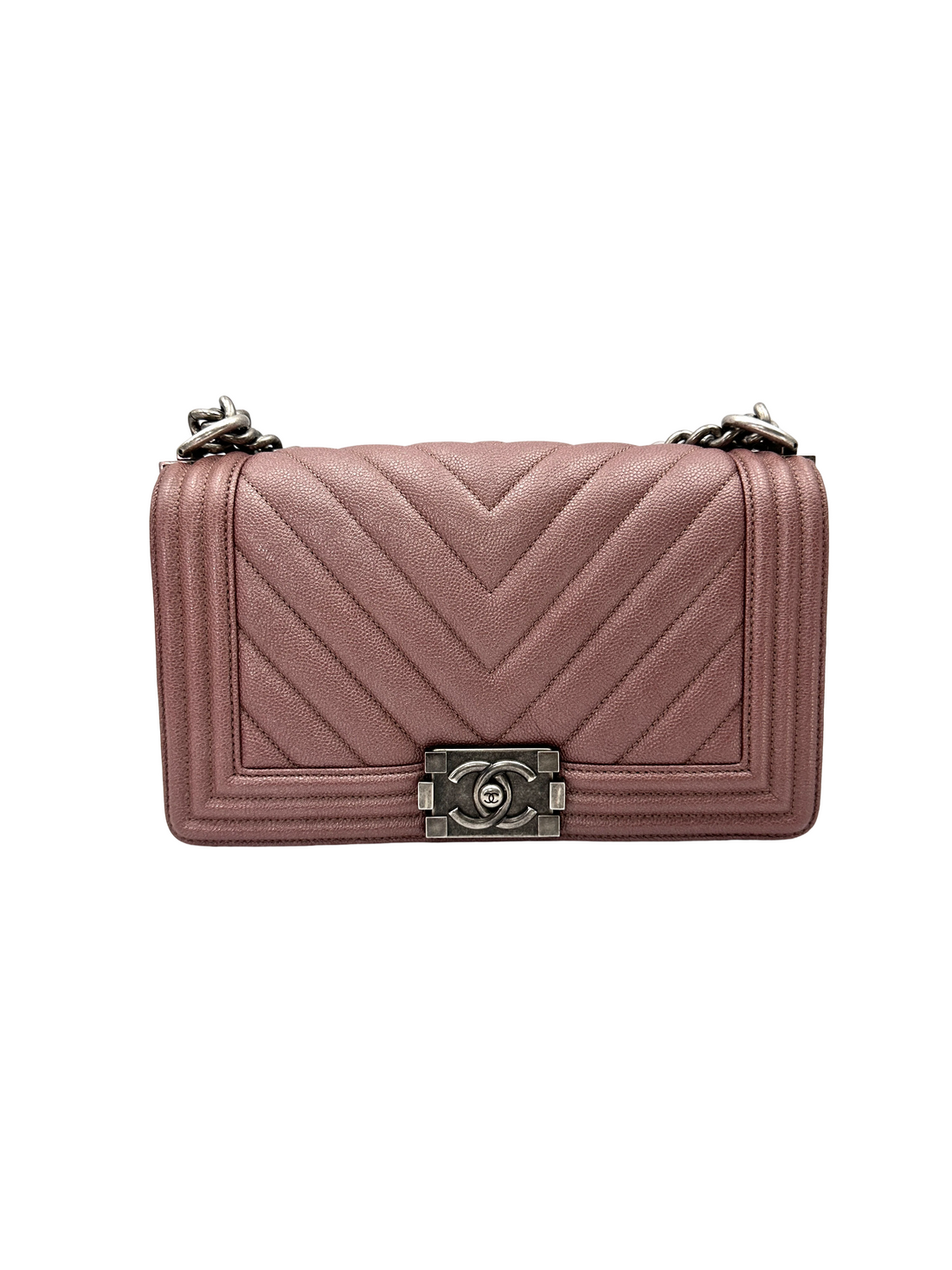 Chanel LeBoy Pink Chevron Quilted Leather Flap Bag With Silver Buckle(26***76) CC2435