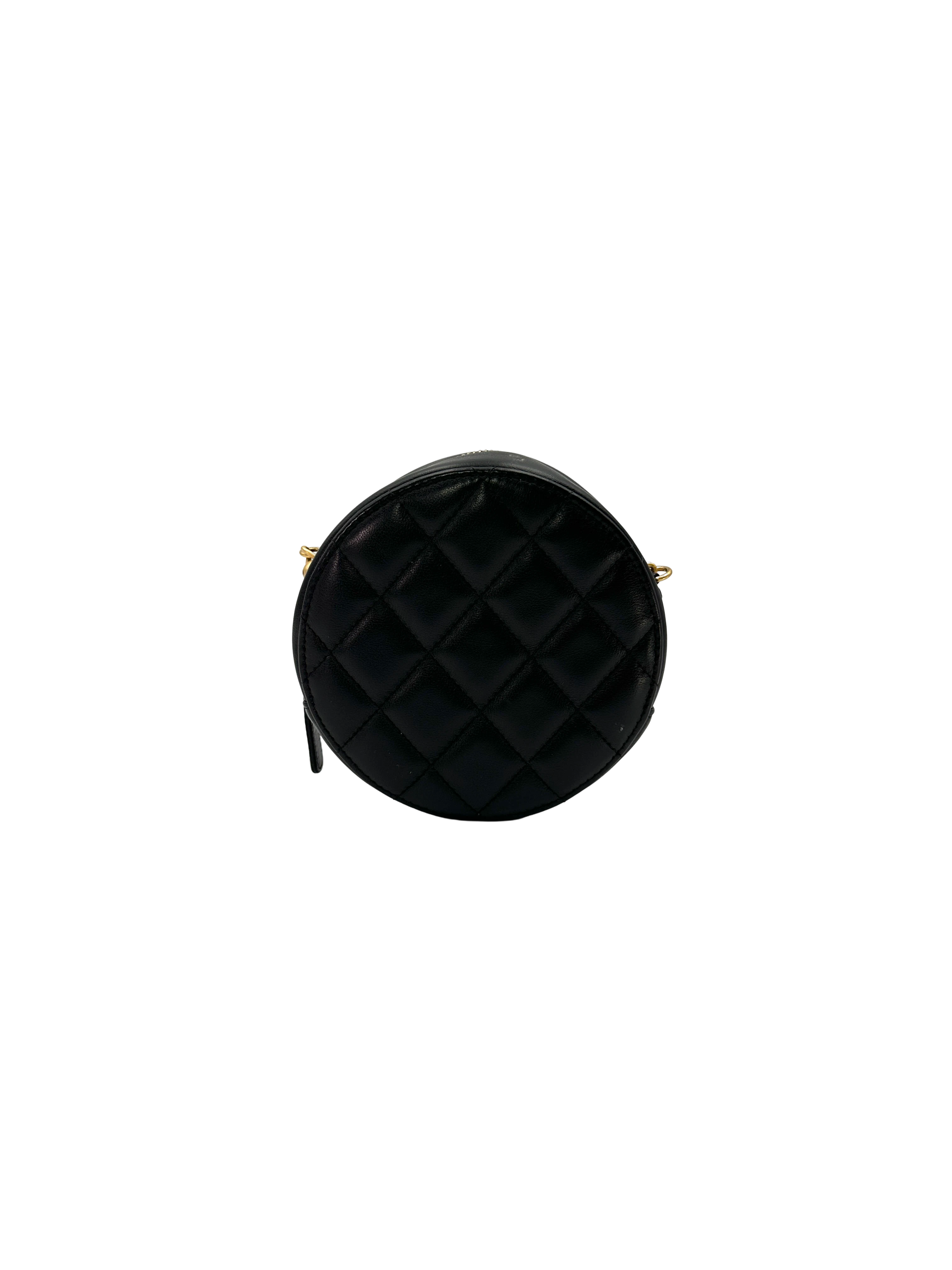 Chanel CC Pearl Chain Black Quilted Leather Round Clutch(31***26) CC2428
