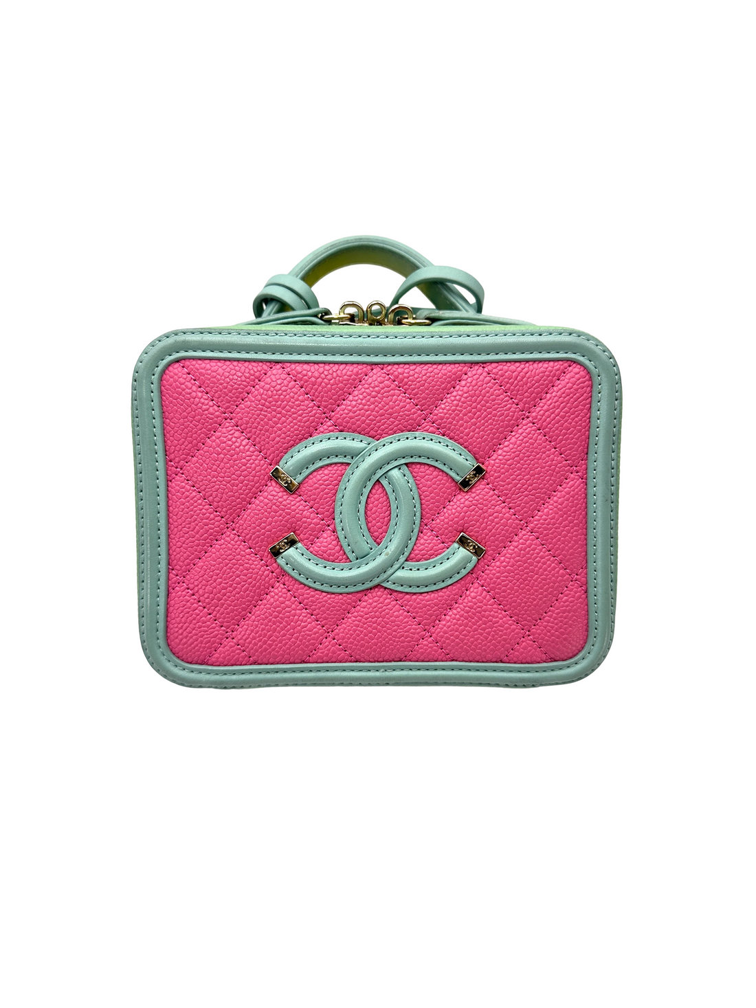 Chanel CC Filigree Pink/Mint Green Quilted Leather Top Handle Vanity Case(27***30) CC2438