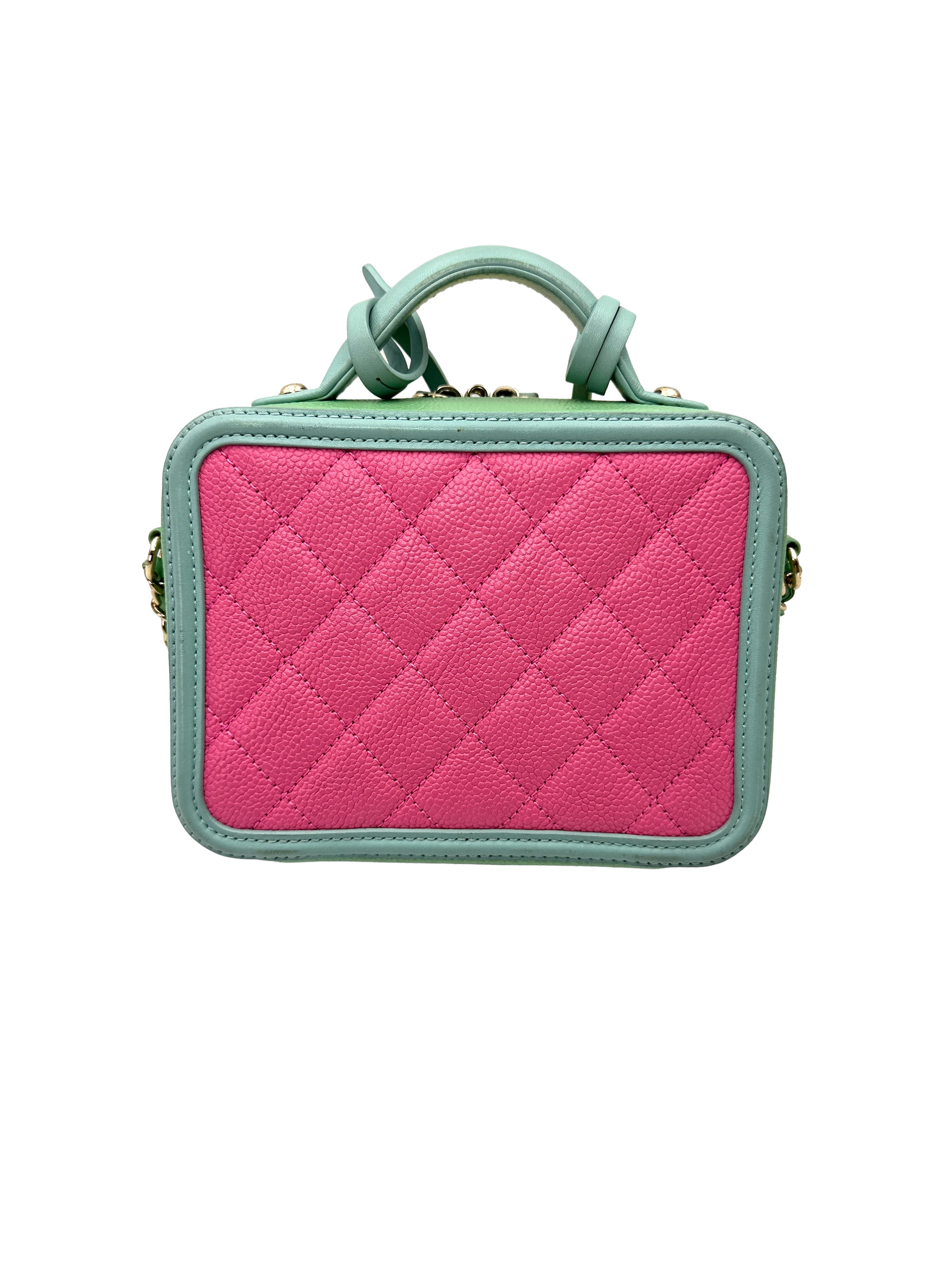 Chanel CC Filigree Pink/Mint Green Quilted Leather Top Handle Vanity Case(27***30) CC2438