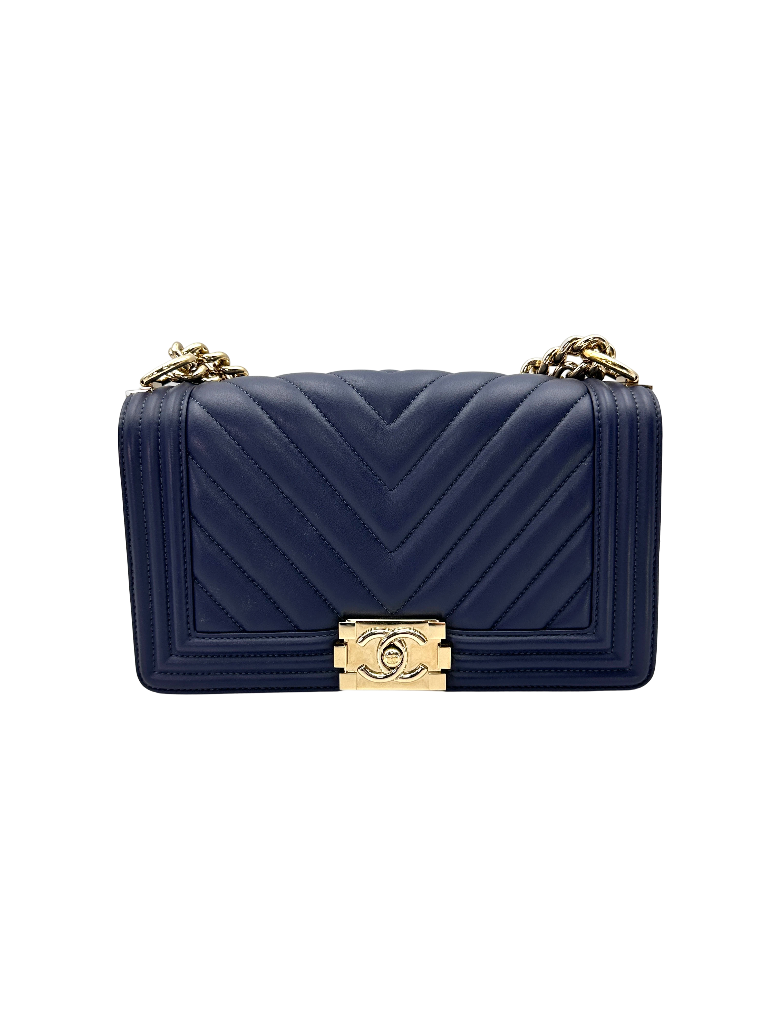 Chanel LeBoy Navy Chevron Quilted Leather Medium Size Flap Bag With Gold Buckle(27***16) CC2439