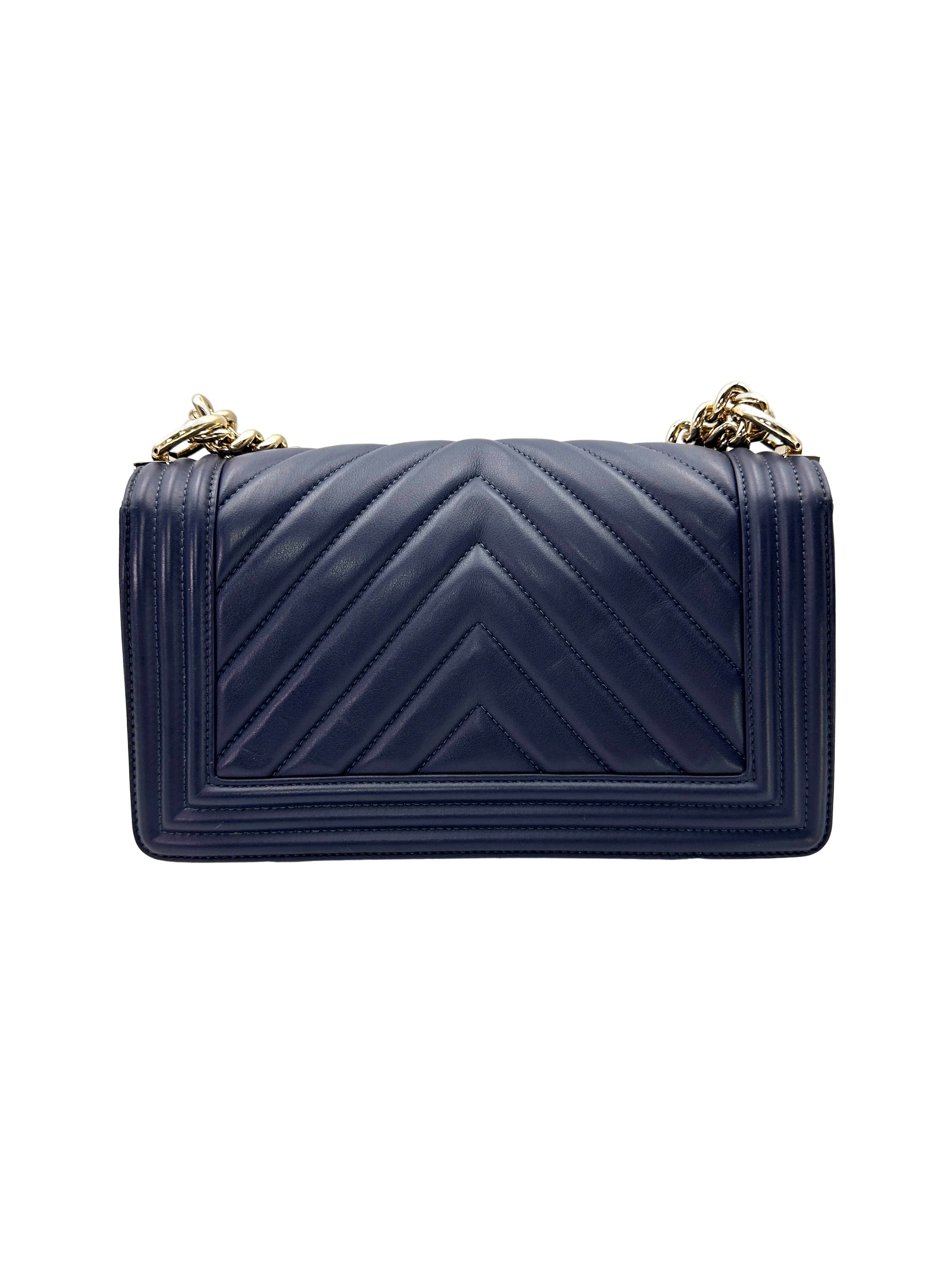 Chanel LeBoy Navy Chevron Quilted Leather Medium Size Flap Bag With Gold Buckle(27***16) CC2439