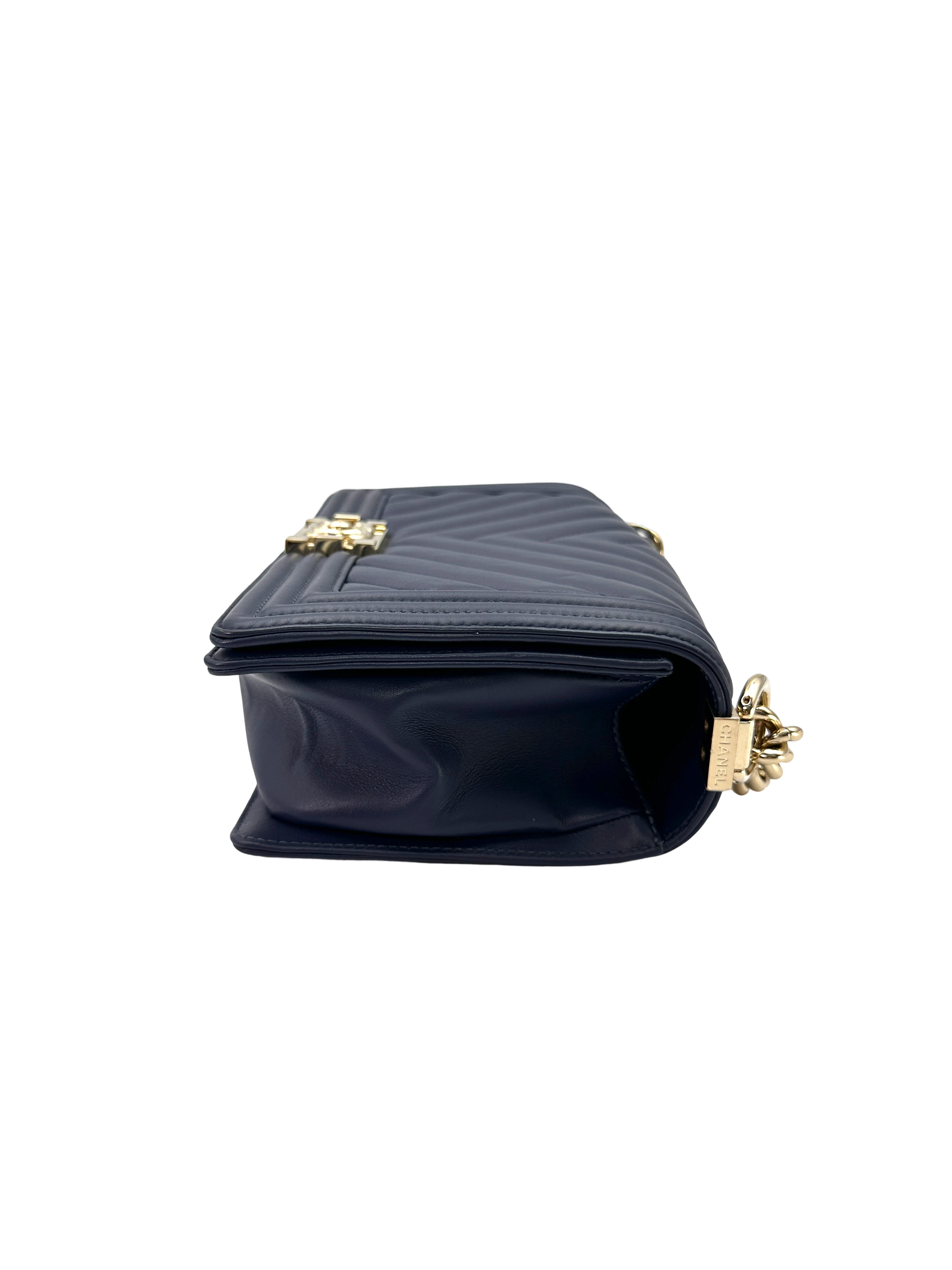 Chanel LeBoy Navy Chevron Quilted Leather Medium Size Flap Bag With Gold Buckle(27***16) CC2439