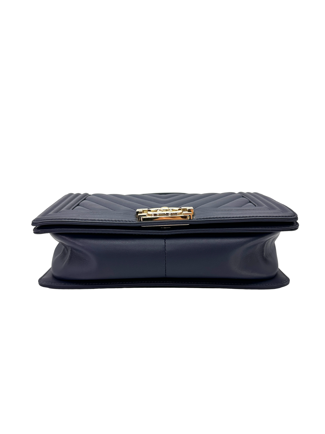 Chanel LeBoy Navy Chevron Quilted Leather Medium Size Flap Bag With Gold Buckle(27***16) CC2439