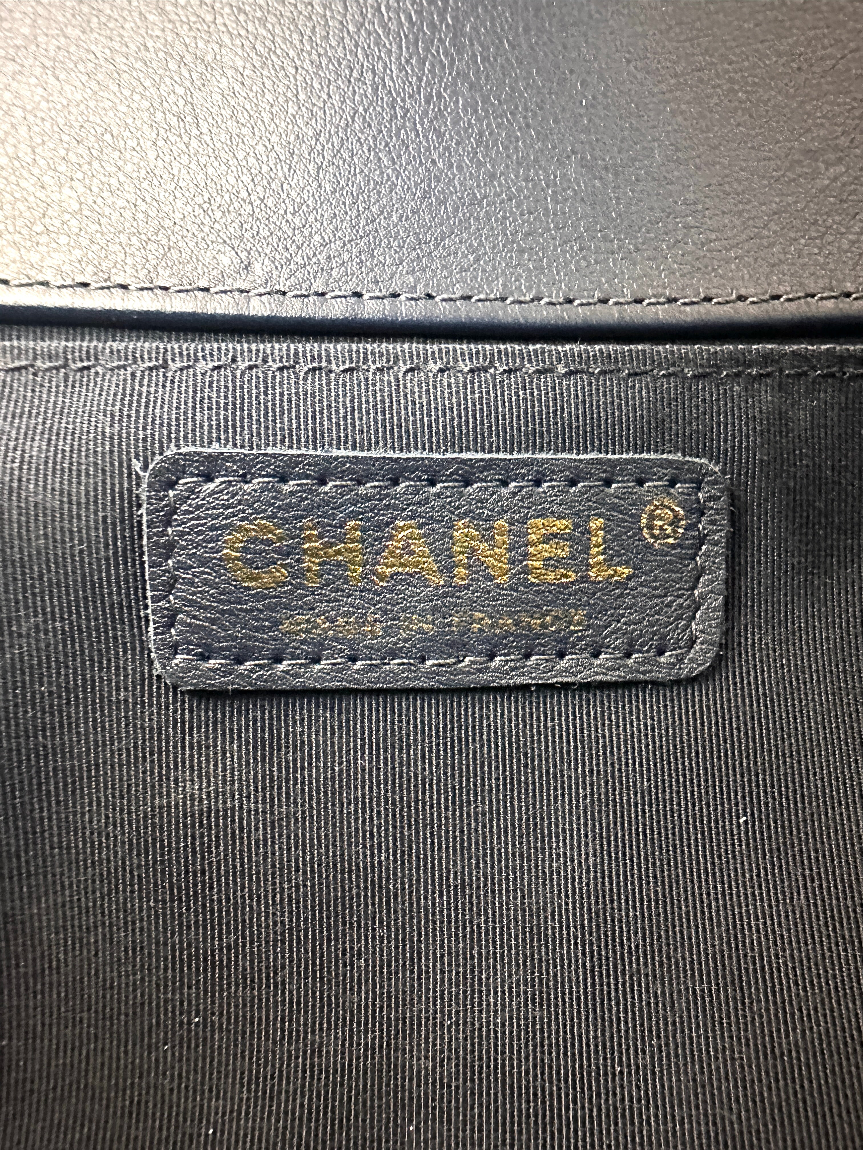 Chanel LeBoy Navy Chevron Quilted Leather Medium Size Flap Bag With Gold Buckle(27***16) CC2439