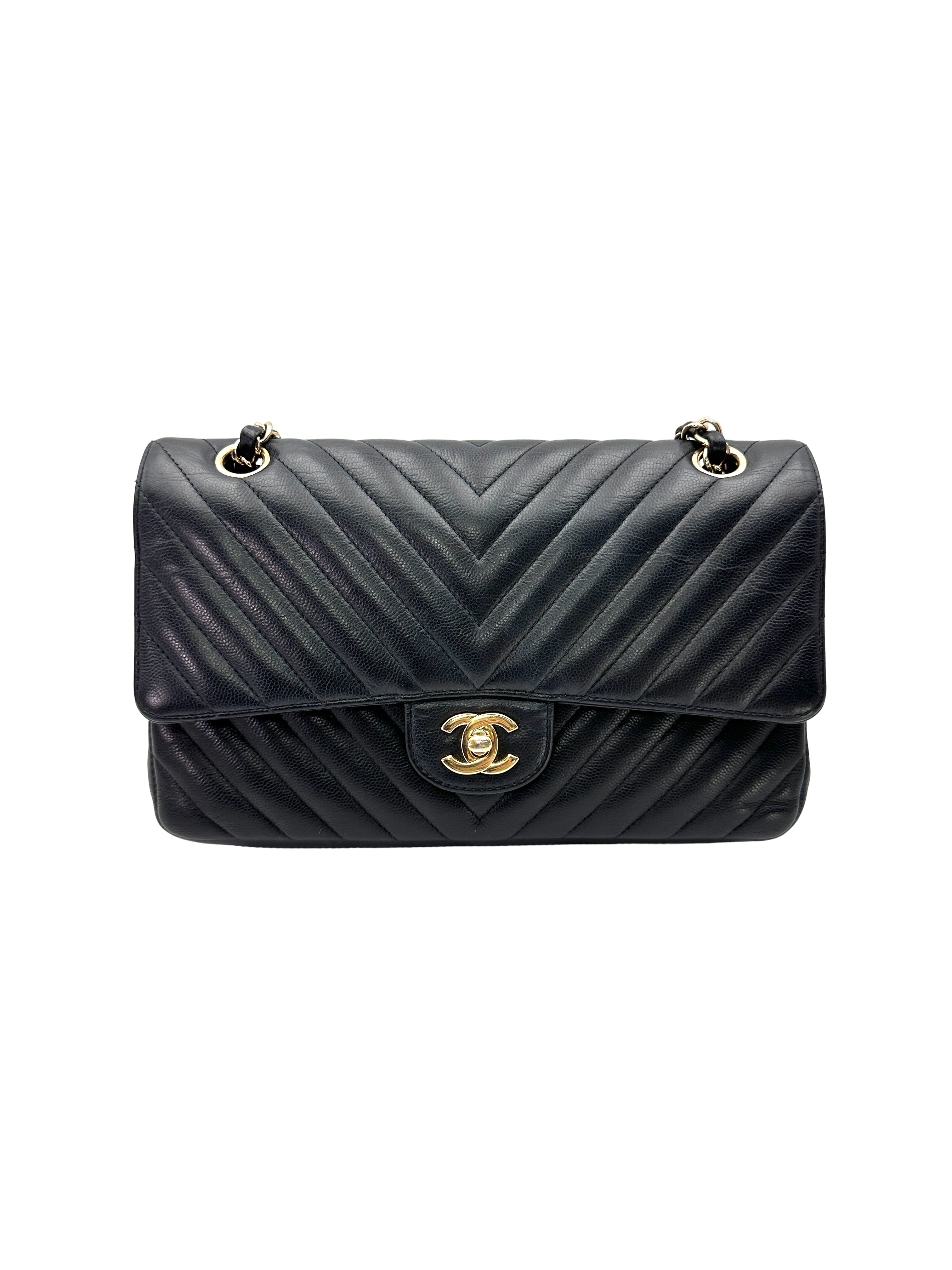 Chanel Classic Flap Black Chevron Quilted Leather Medium Size Shoulder Bag With Gold Hardware(31***67) CC2437