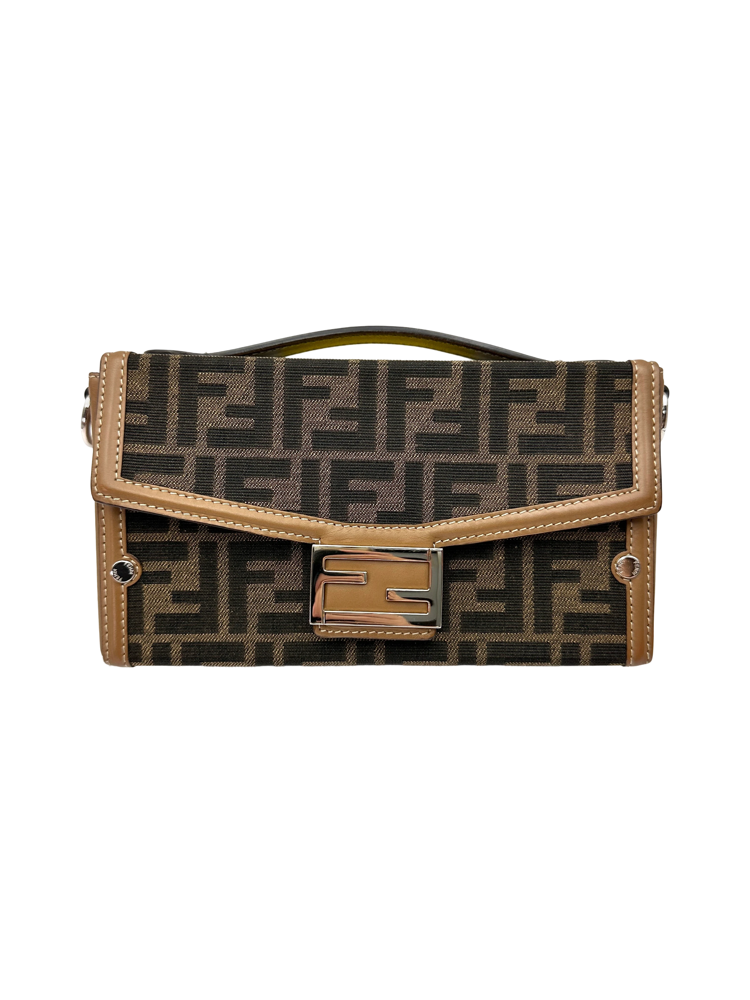 Fendi Baguette soft Trunk Brown FF Fabric Monogram Leather Handle Bag FF130