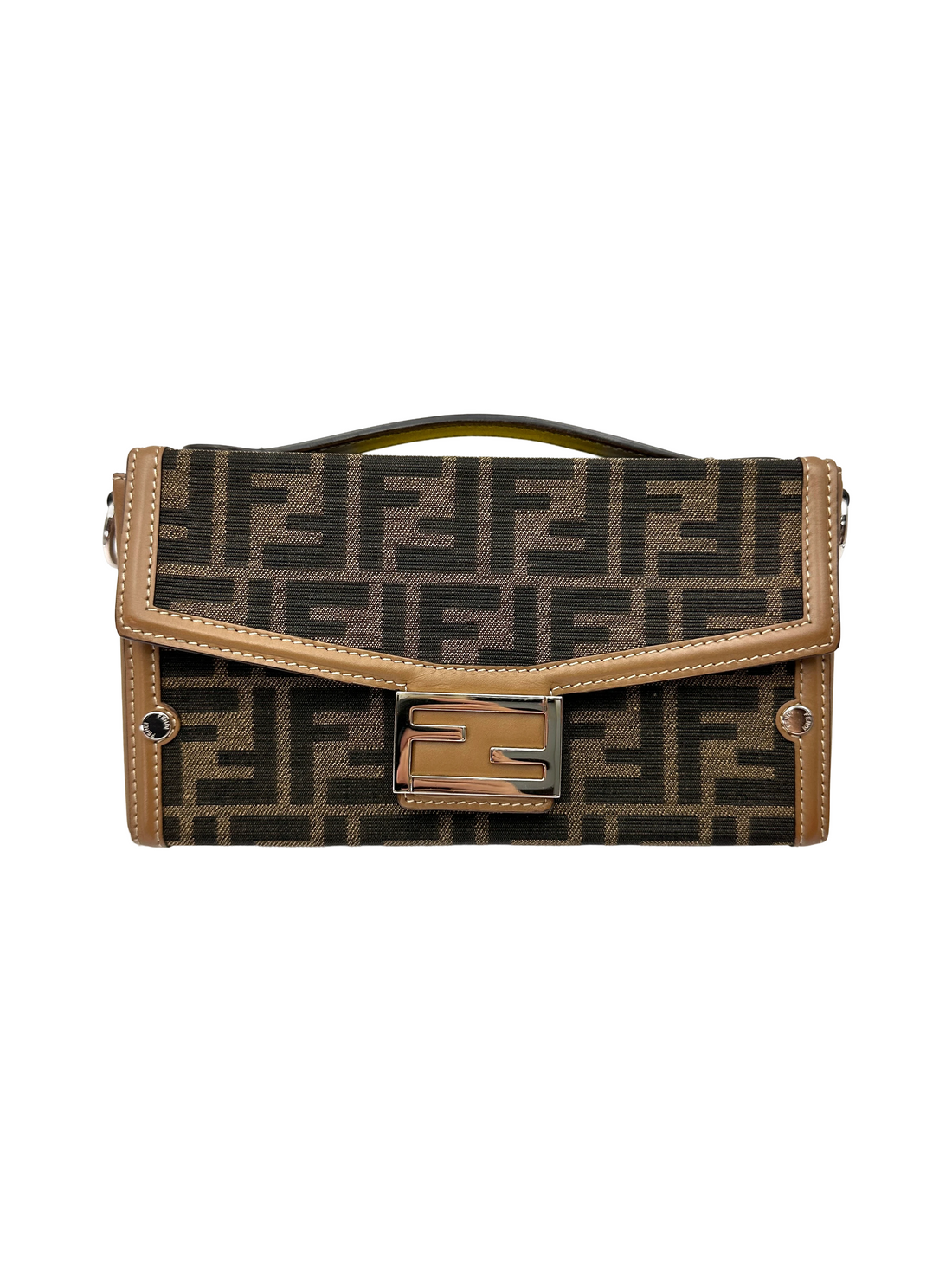 Fendi Baguette soft Trunk Brown FF Fabric Monogram Leather Handle Bag FF130