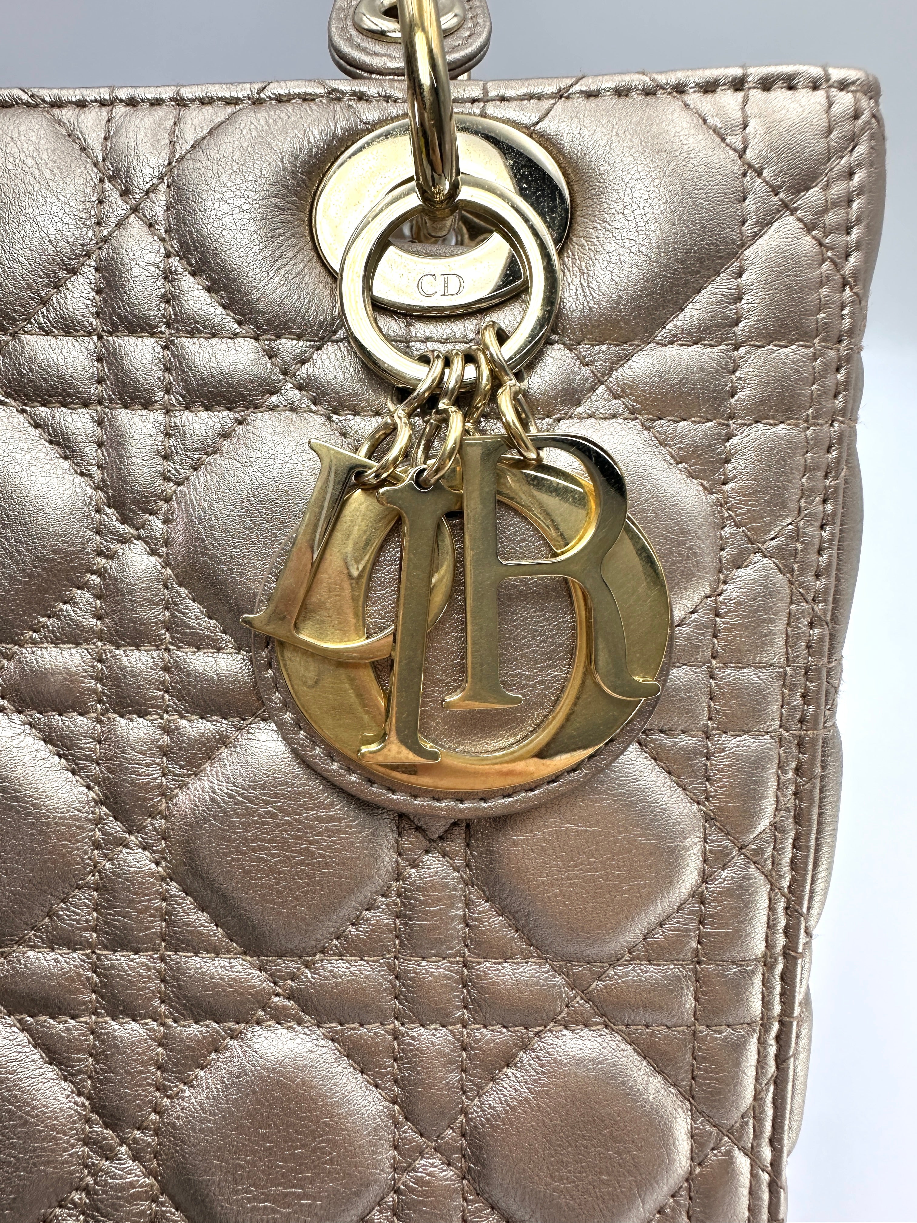 Christian Dior Lady Dior Metallic Gold Cannage Leather Handle Bag DR872