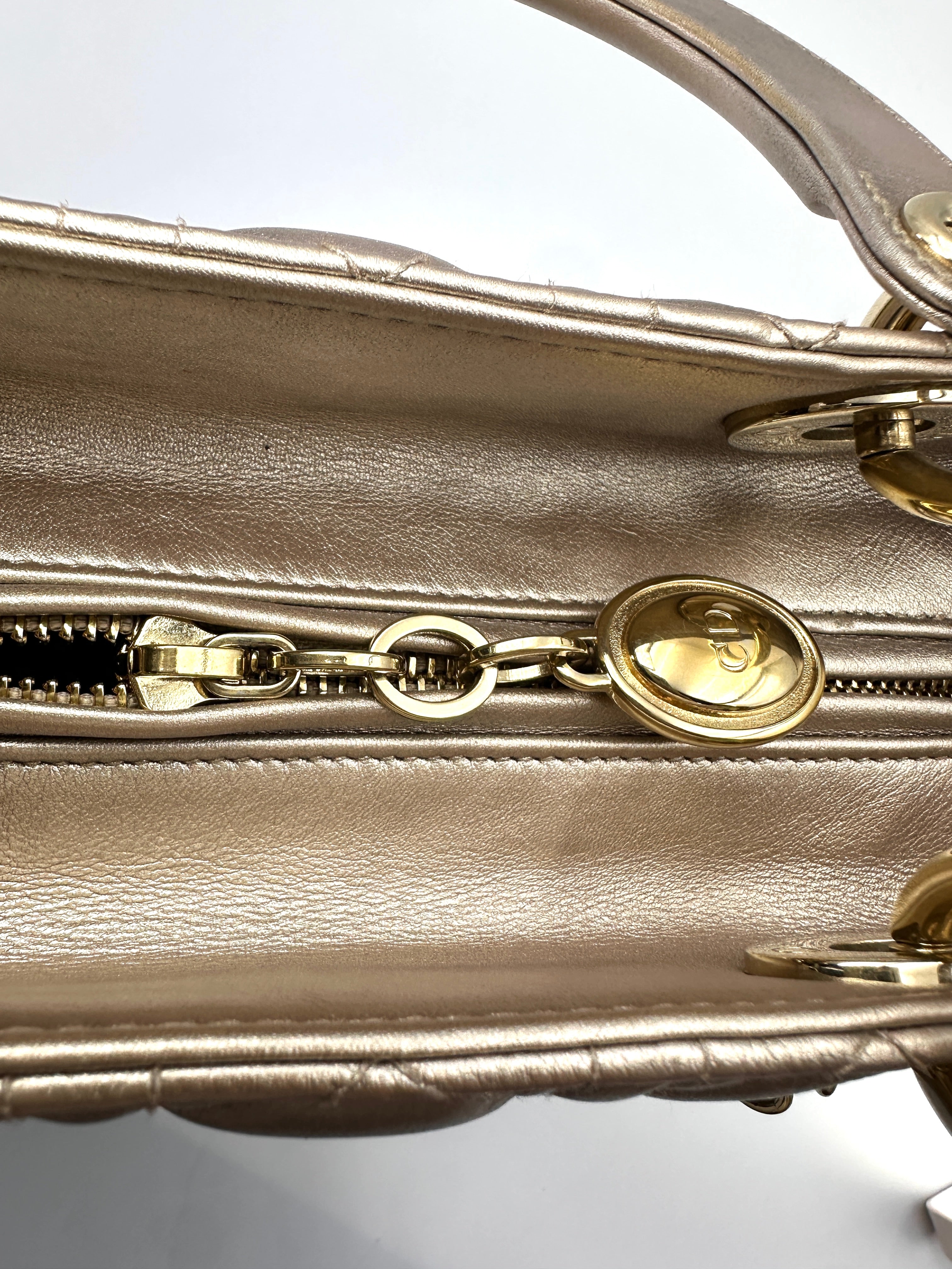 Christian Dior Lady Dior Metallic Gold Cannage Leather Handle Bag DR872