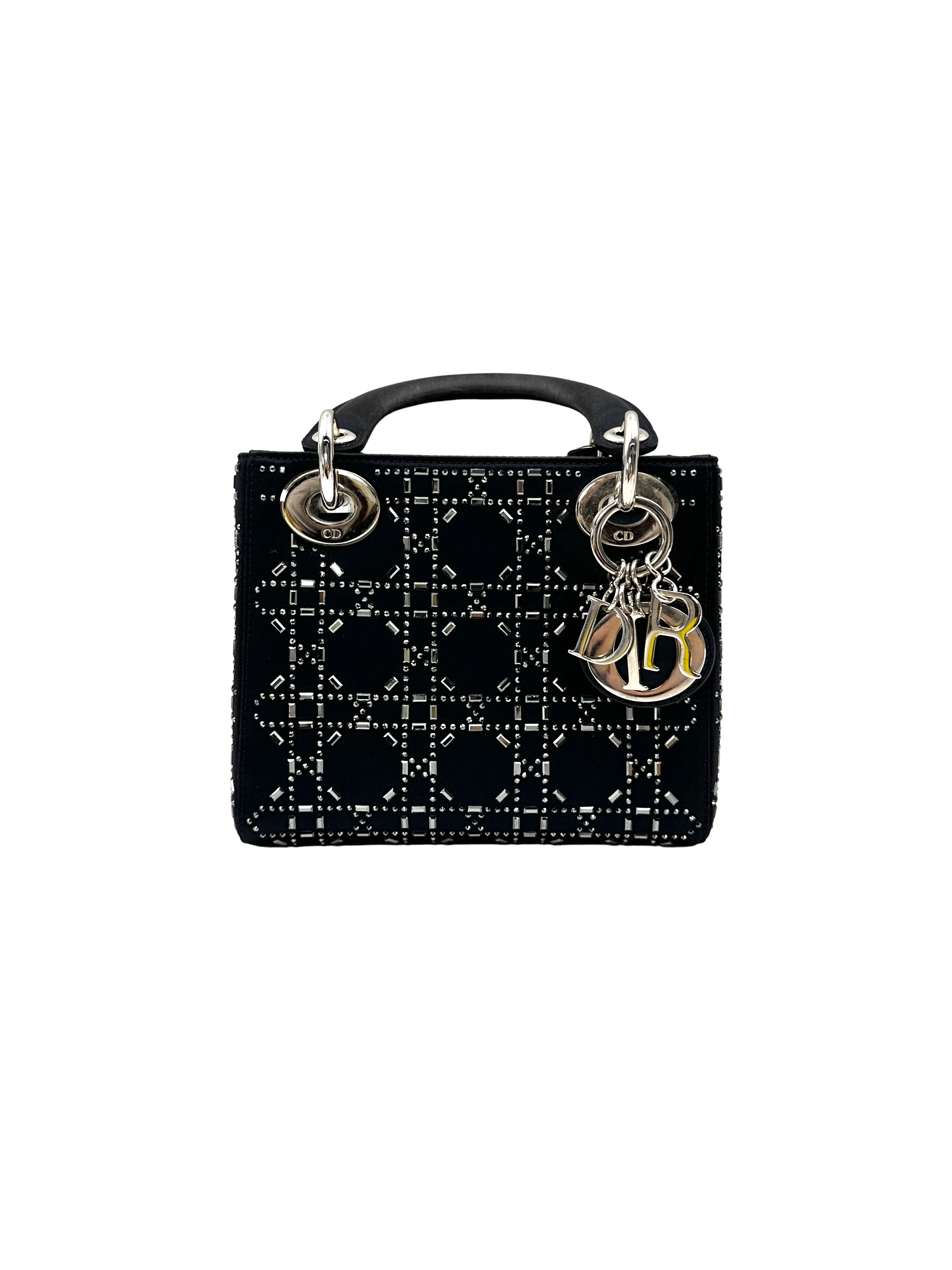 Christian Dior Lady Dior Black Satin Strass Cannage Leather Handle Bag DR873