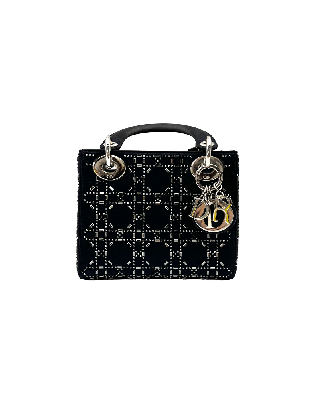 Christian Dior Lady Dior Black Satin Strass Cannage Leather Handle Bag DR873