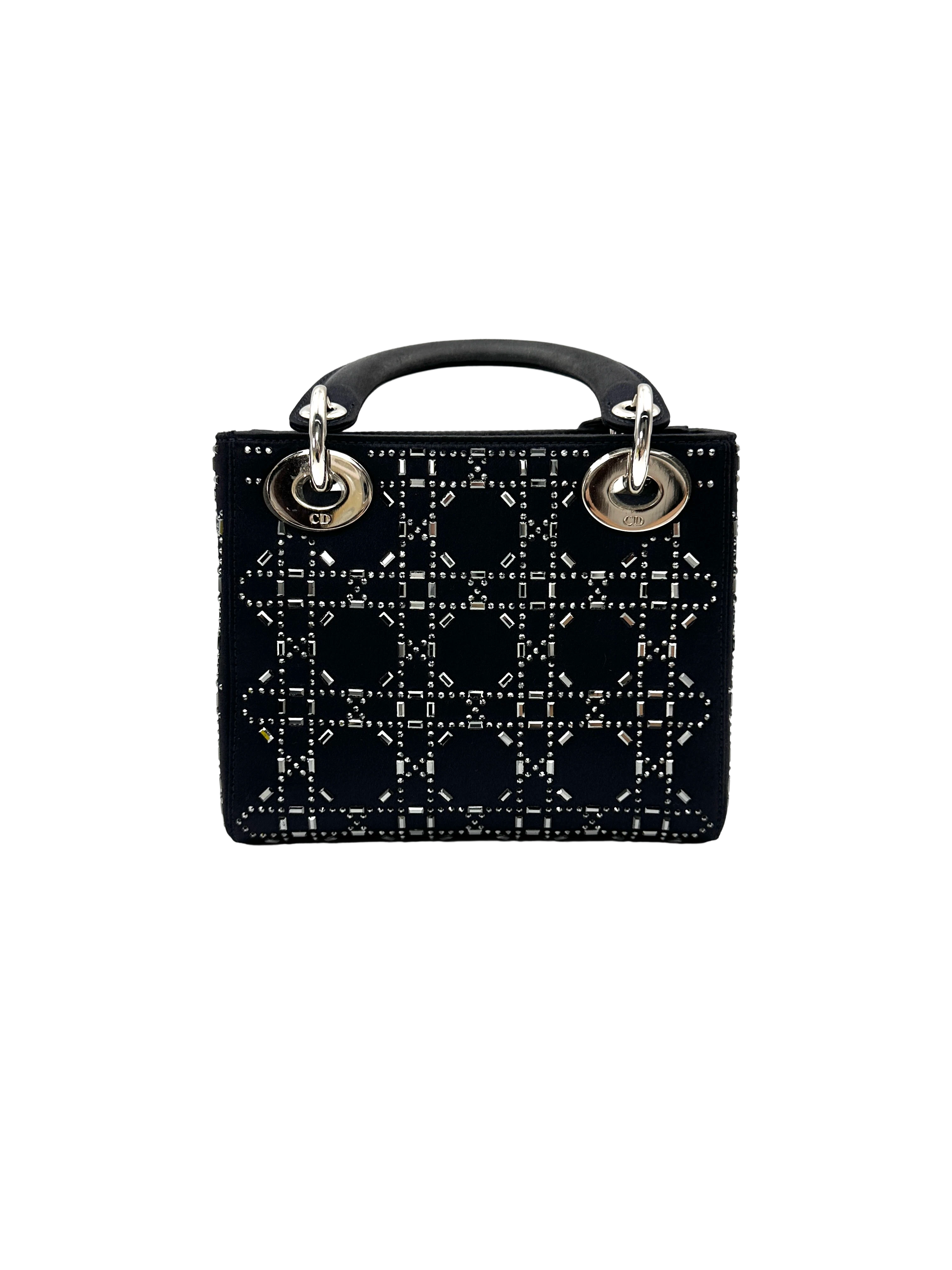 Christian Dior Lady Dior Black Satin Strass Cannage Leather Handle Bag DR873
