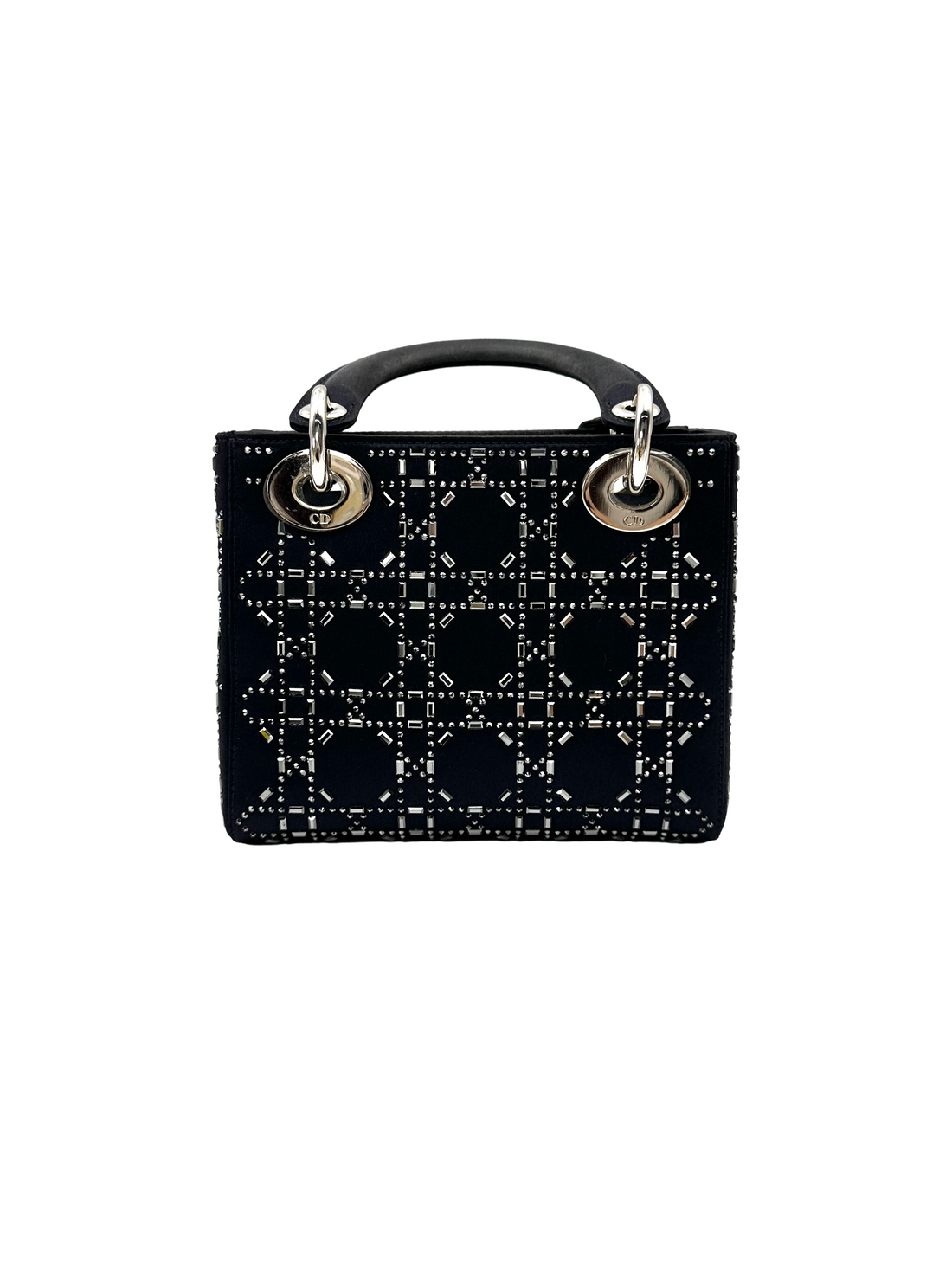 Christian Dior Lady Dior Black Satin Strass Cannage Leather Handle Bag DR873