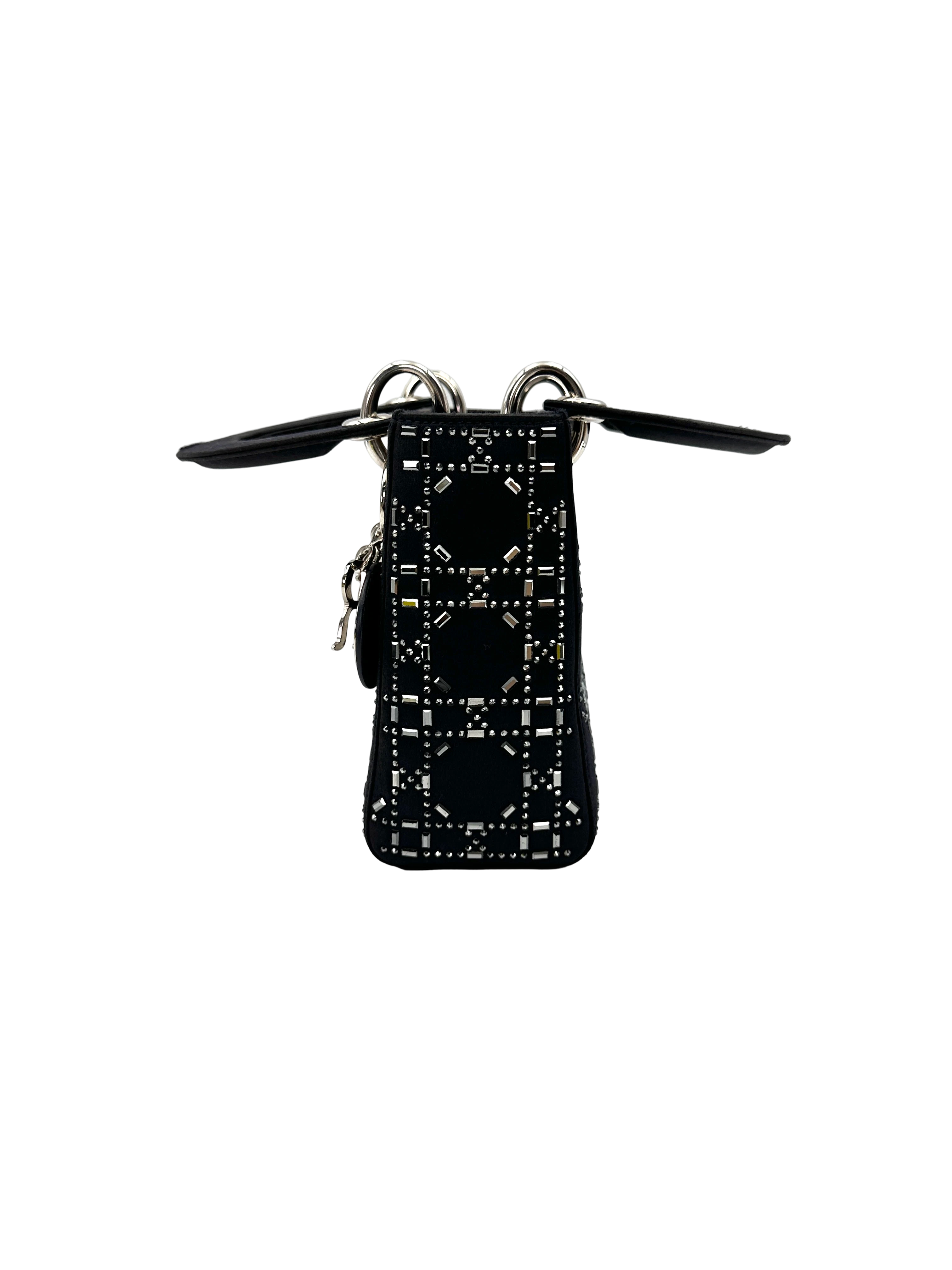 Christian Dior Lady Dior Black Satin Strass Cannage Leather Handle Bag DR873