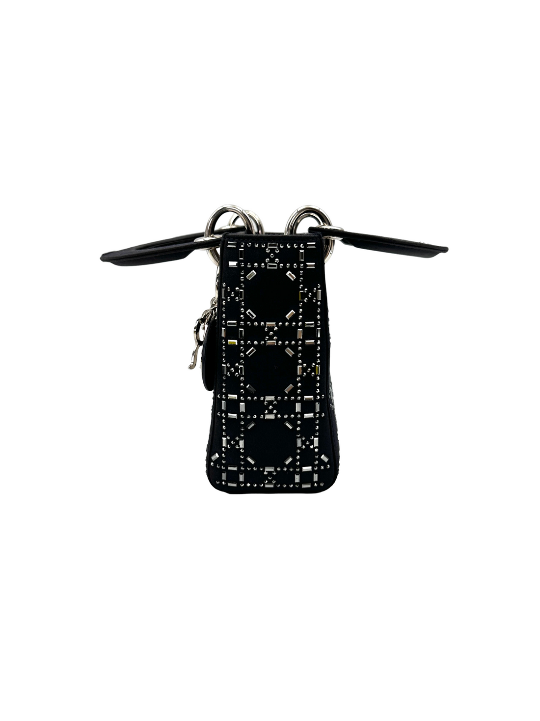 Christian Dior Lady Dior Black Satin Strass Cannage Leather Handle Bag DR873