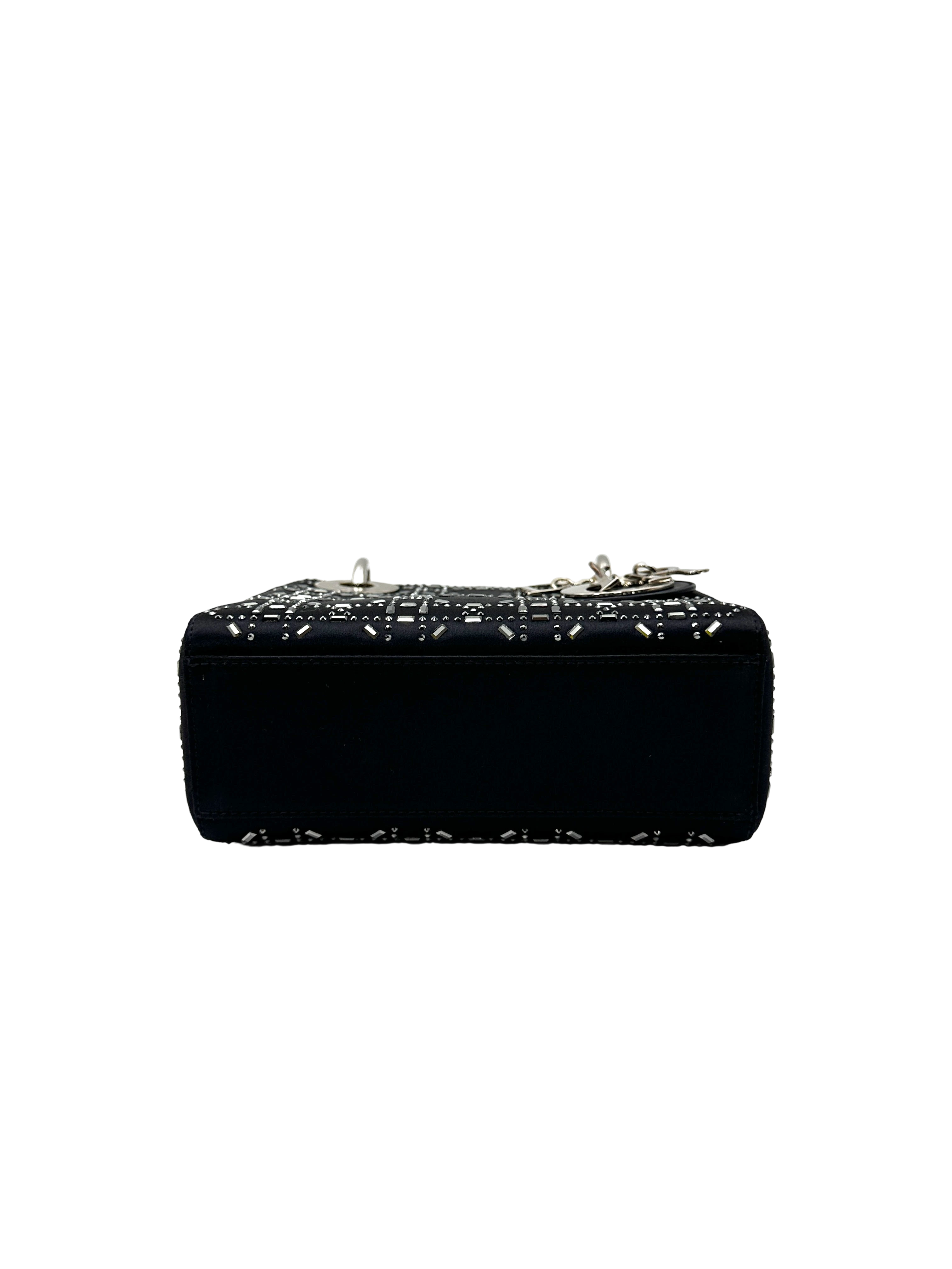 Christian Dior Lady Dior Black Satin Strass Cannage Leather Handle Bag DR873