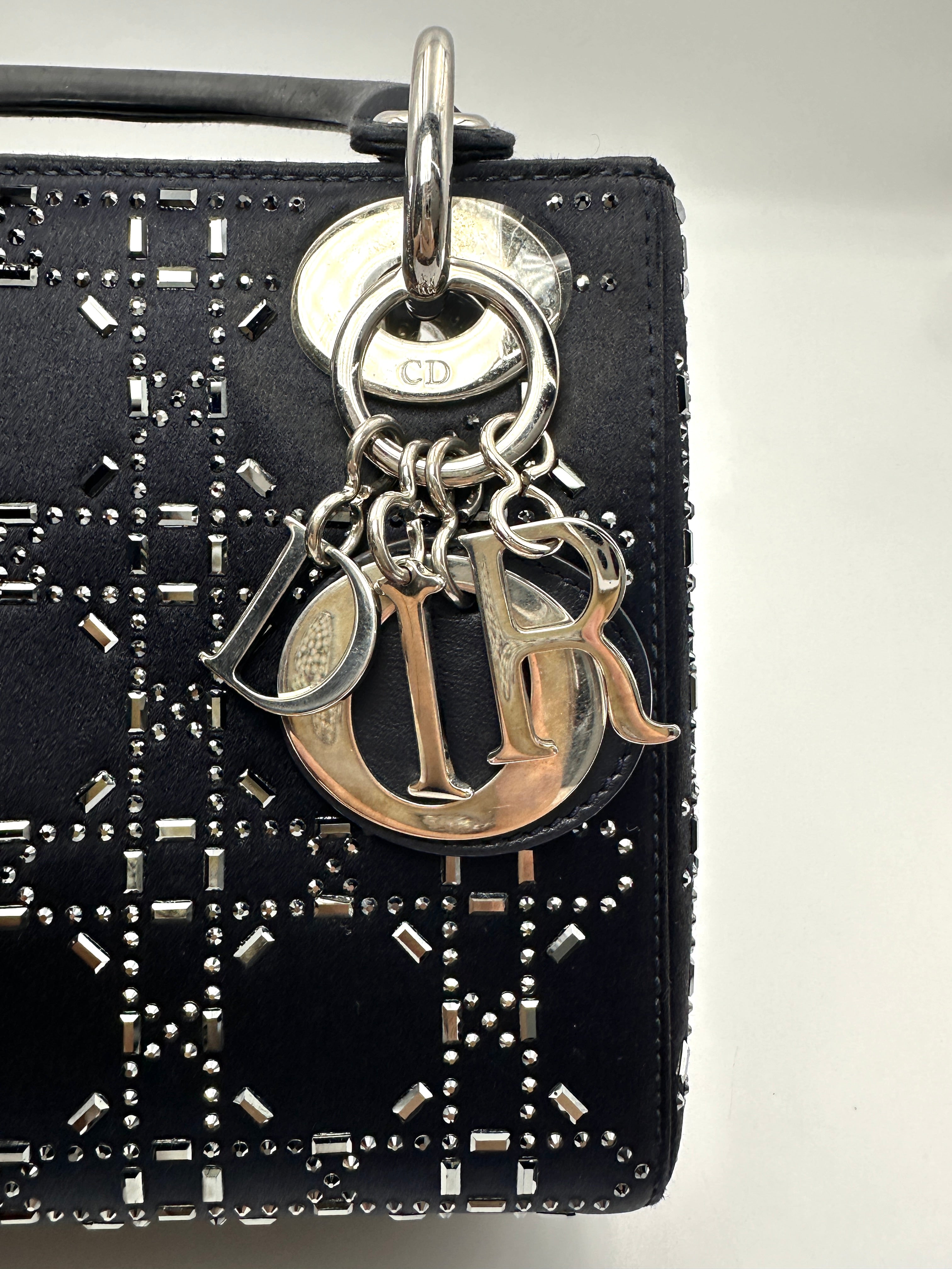 Christian Dior Lady Dior Black Satin Strass Cannage Leather Handle Bag DR873