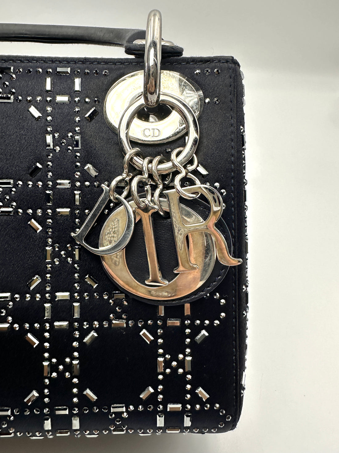 Christian Dior Lady Dior Black Satin Strass Cannage Leather Handle Bag DR873