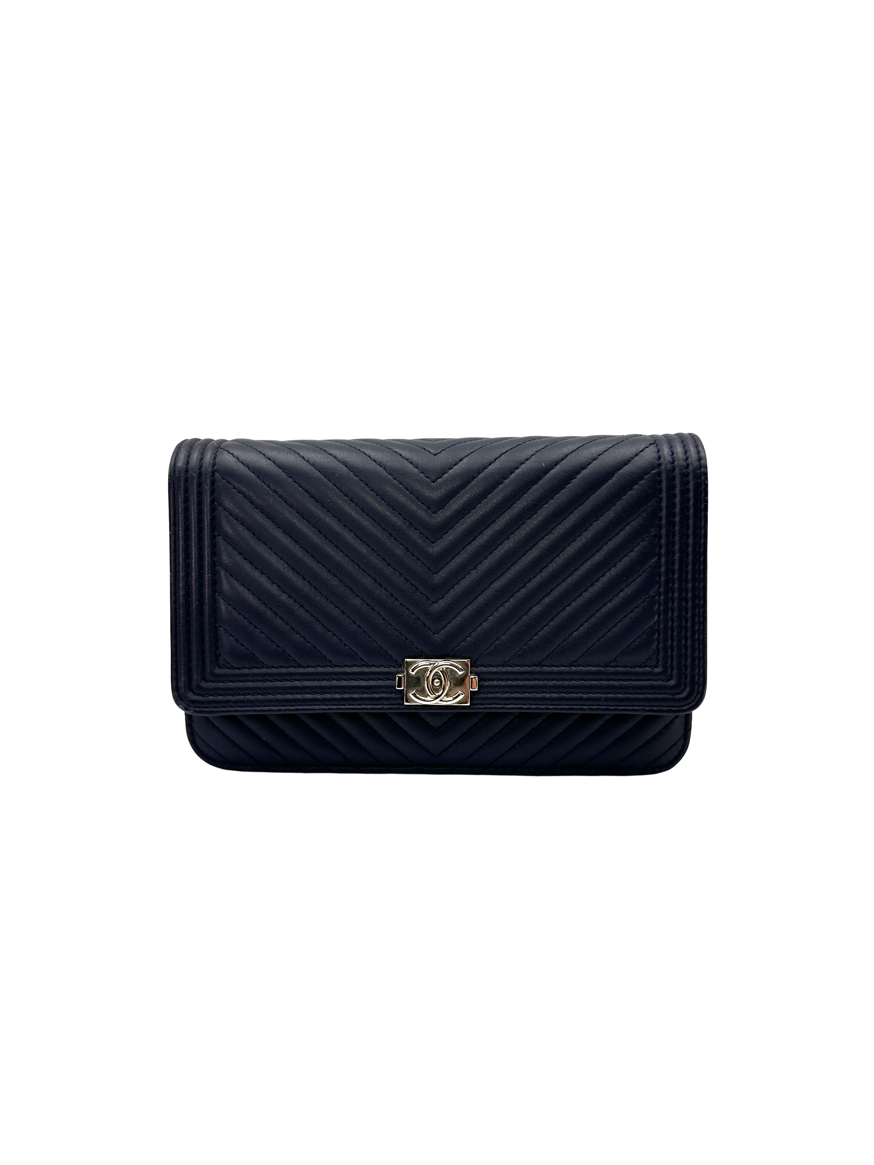 Chanel LeBoy Navy Chevron Quilted Leather Wallet On Chain(22***94) CC2448