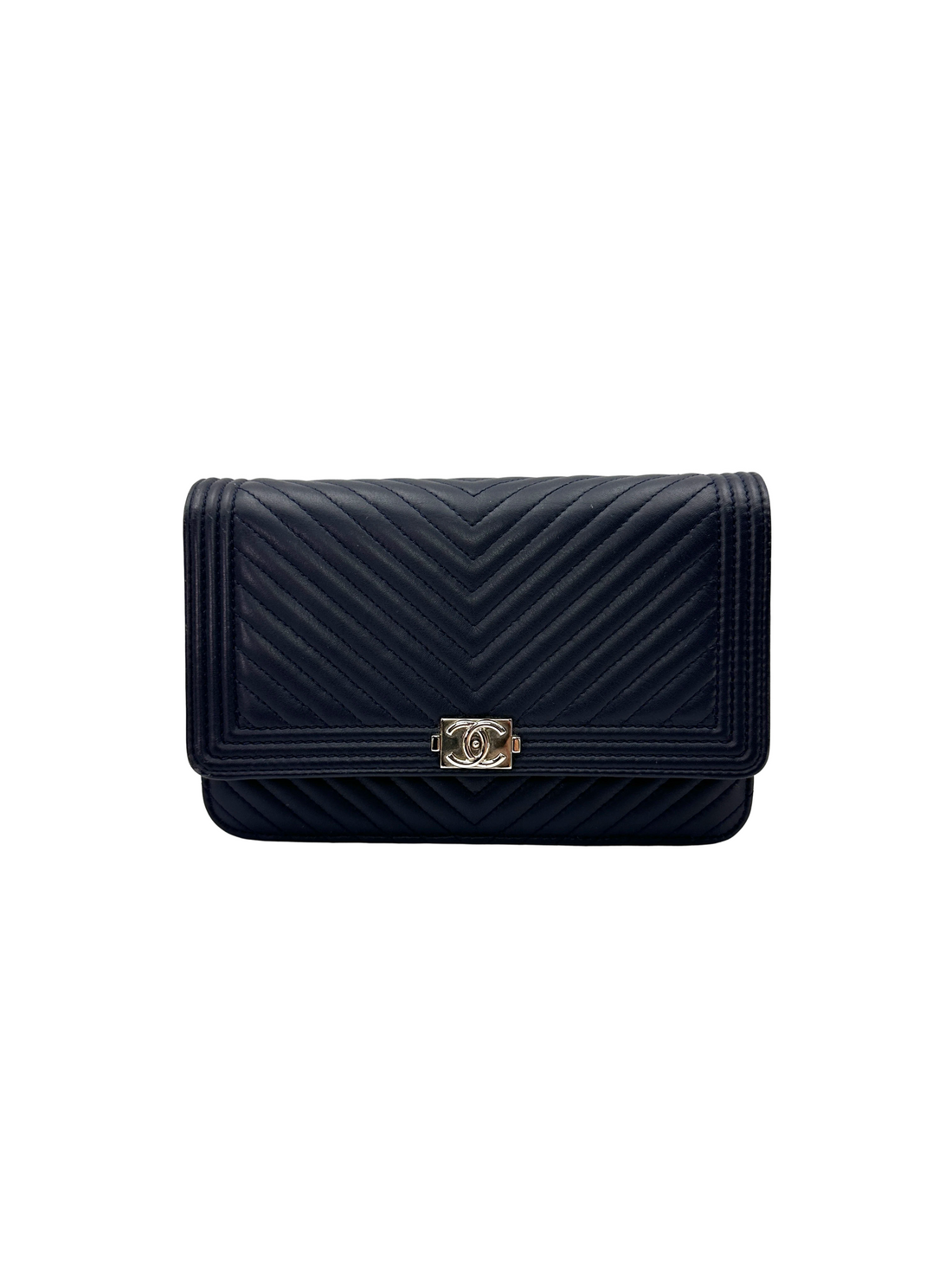 Chanel LeBoy Navy Chevron Quilted Leather Wallet On Chain(22***94) CC2448