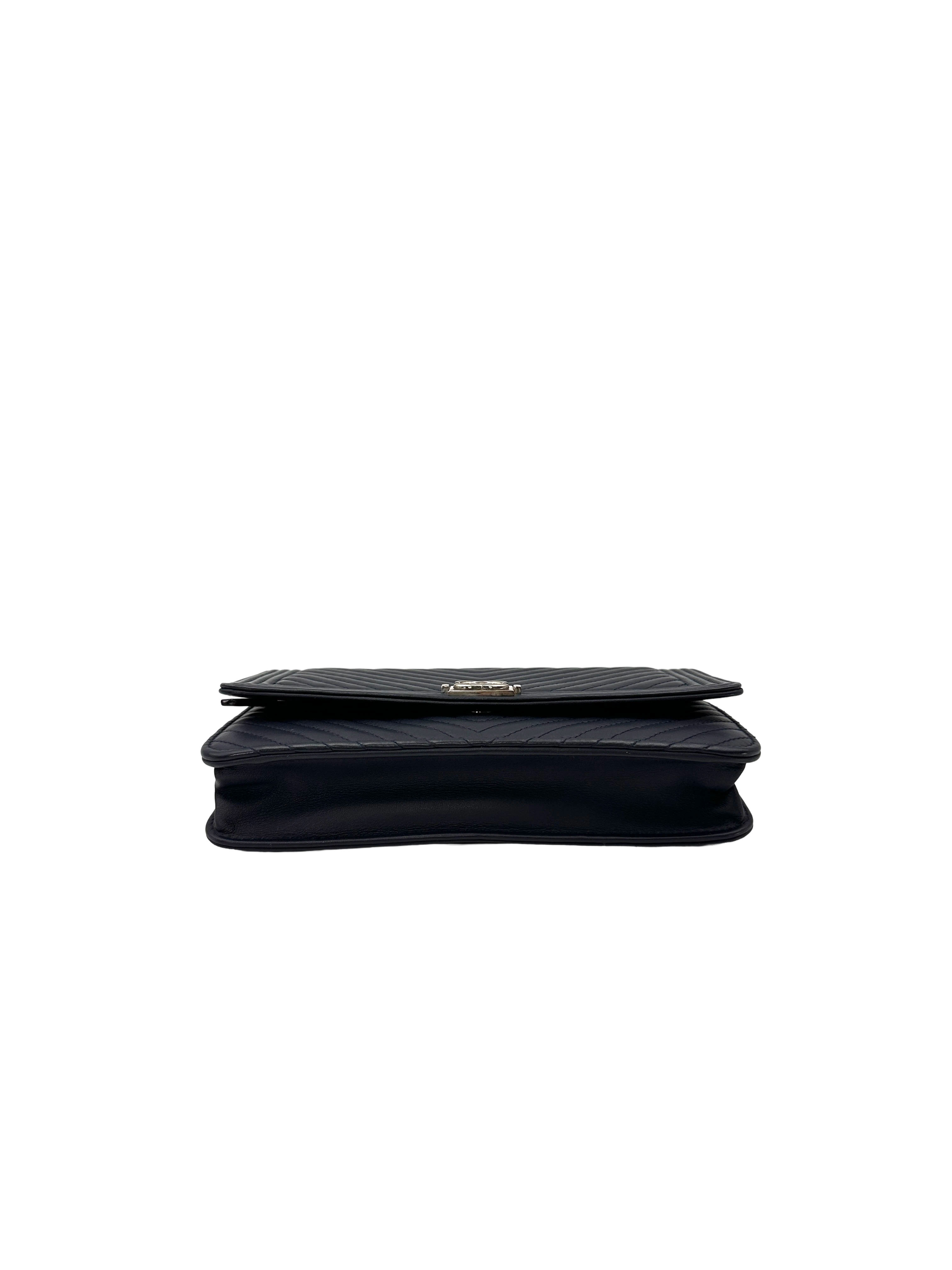 Chanel LeBoy Navy Chevron Quilted Leather Wallet On Chain(22***94) CC2448