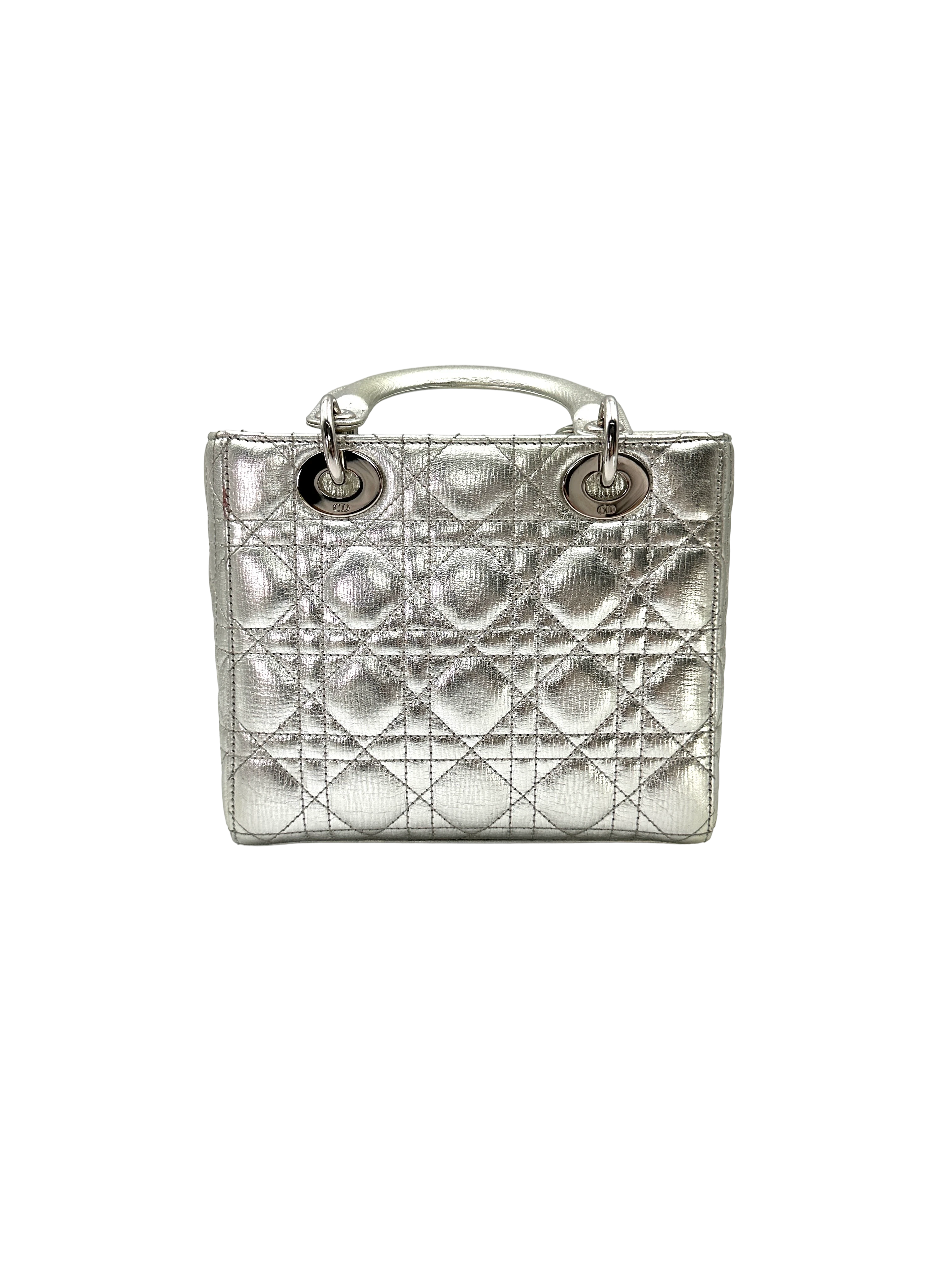 Christian Dior Lady Dior Metallic Silver Leather Handle Bag DR874