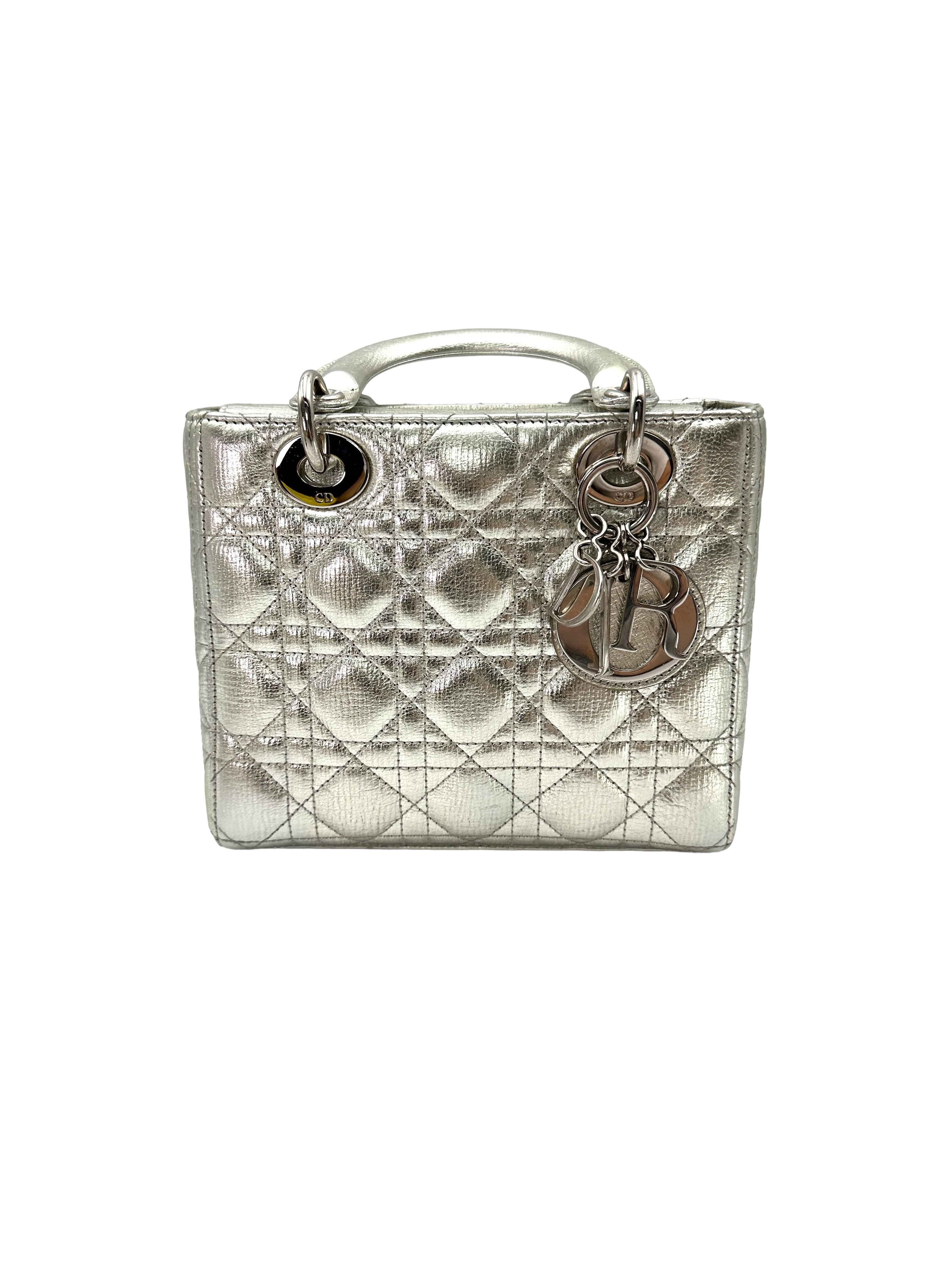Christian Dior Lady Dior Metallic Silver Leather Handle Bag DR874