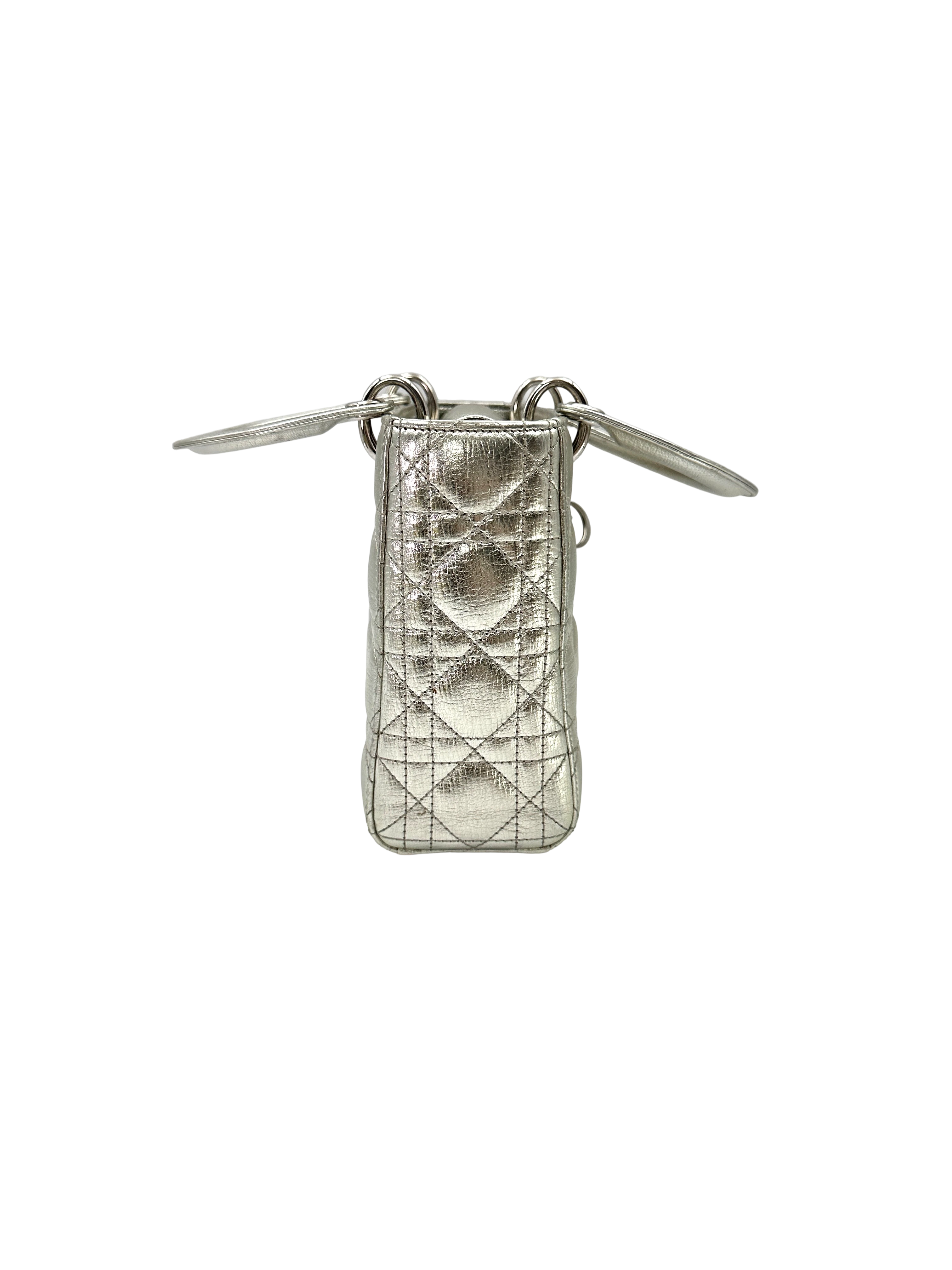 Christian Dior Lady Dior Metallic Silver Leather Handle Bag DR874