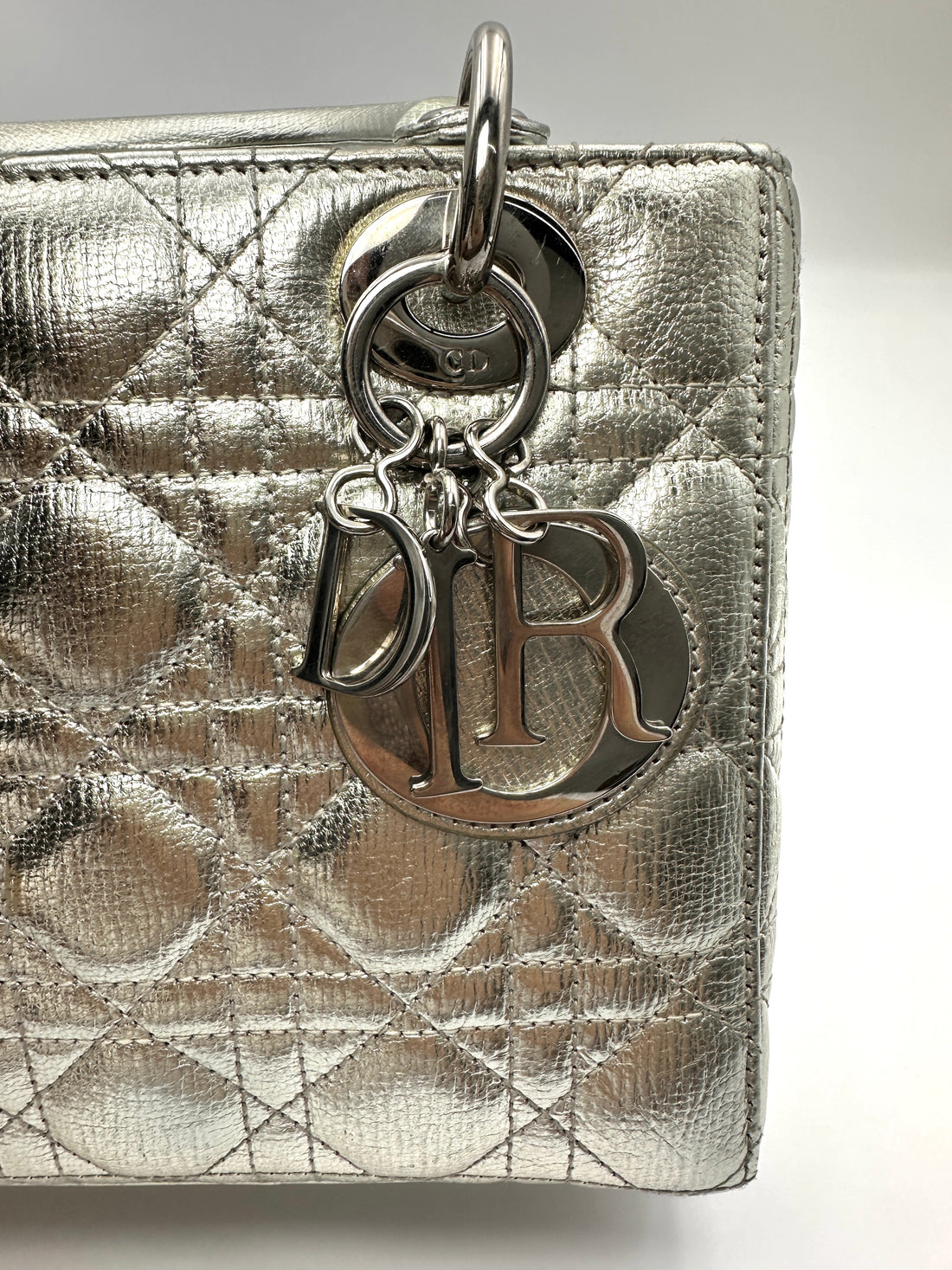 Christian Dior Lady Dior Metallic Silver Leather Handle Bag DR874