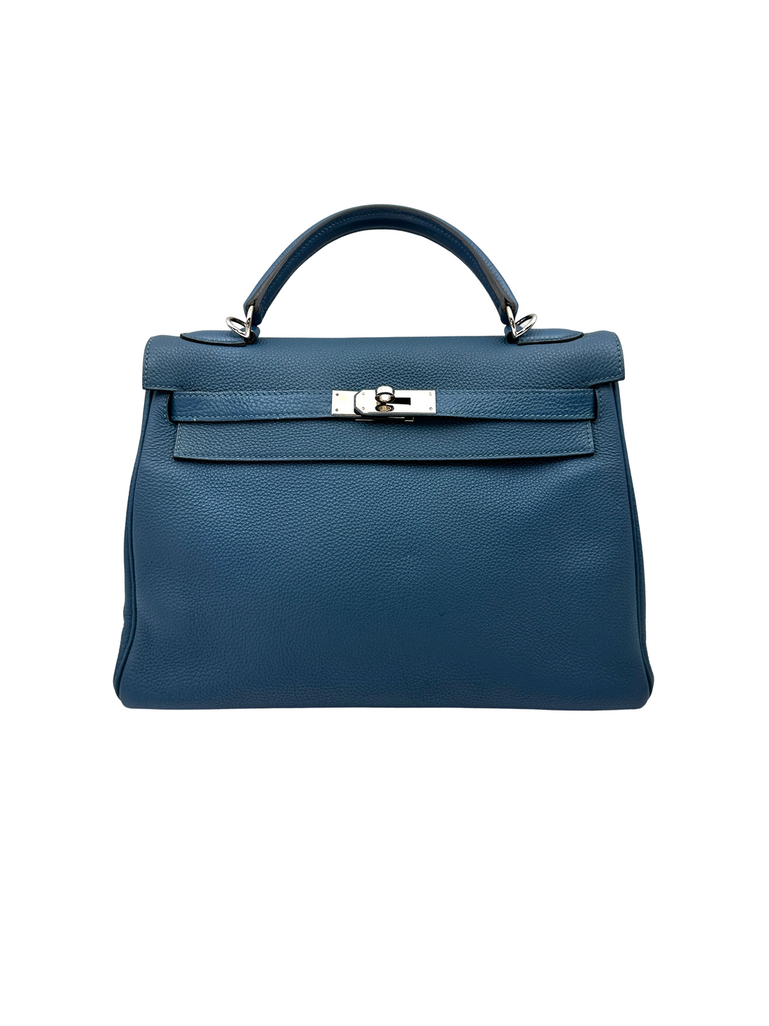 Hermes Kelly32 Blue Leather Top Handle Bag With Silver Hardware HR143