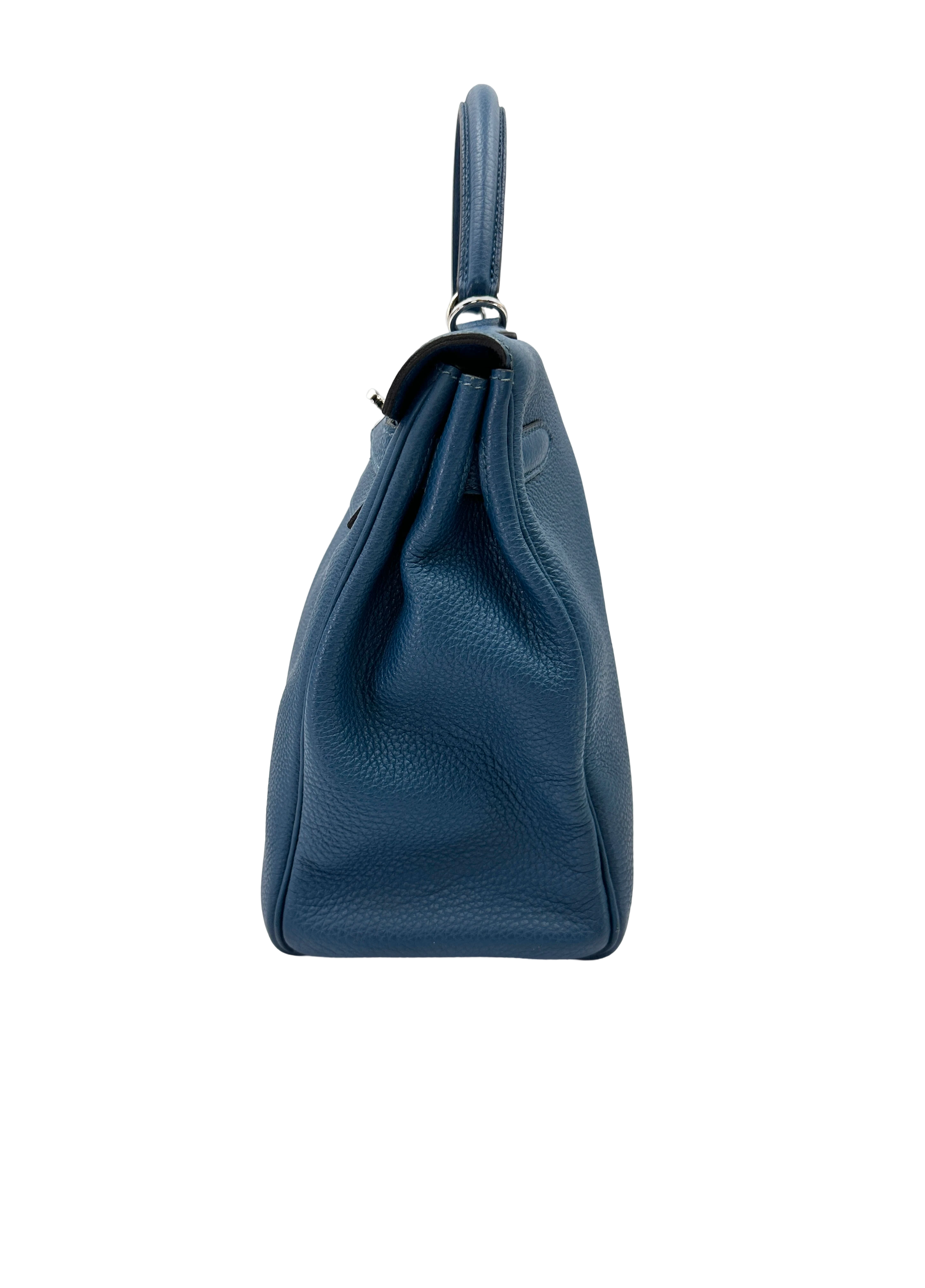 Hermes Kelly32 Blue Leather Top Handle Bag With Silver Hardware HR143