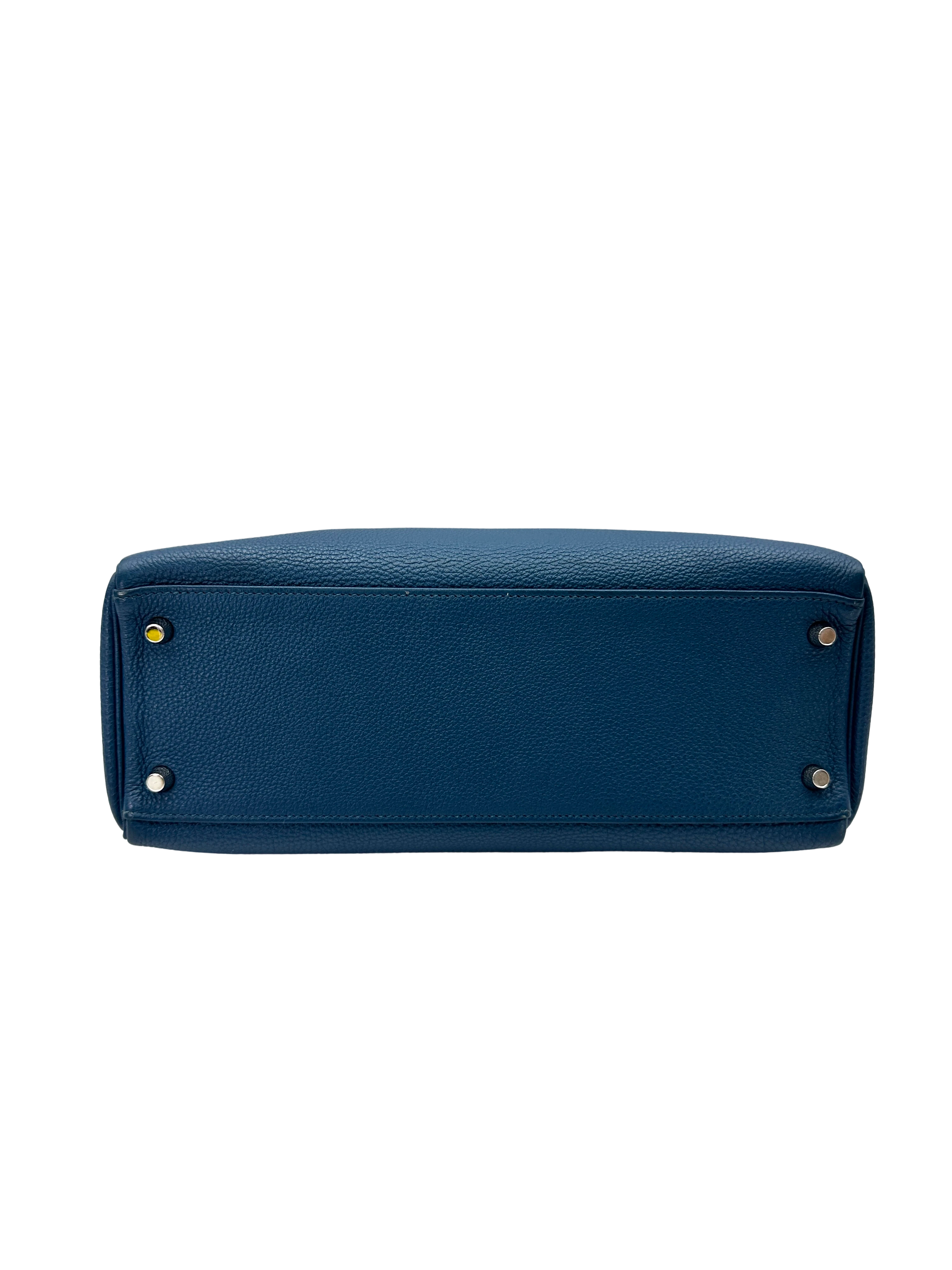 Hermes Kelly32 Blue Leather Top Handle Bag With Silver Hardware HR143