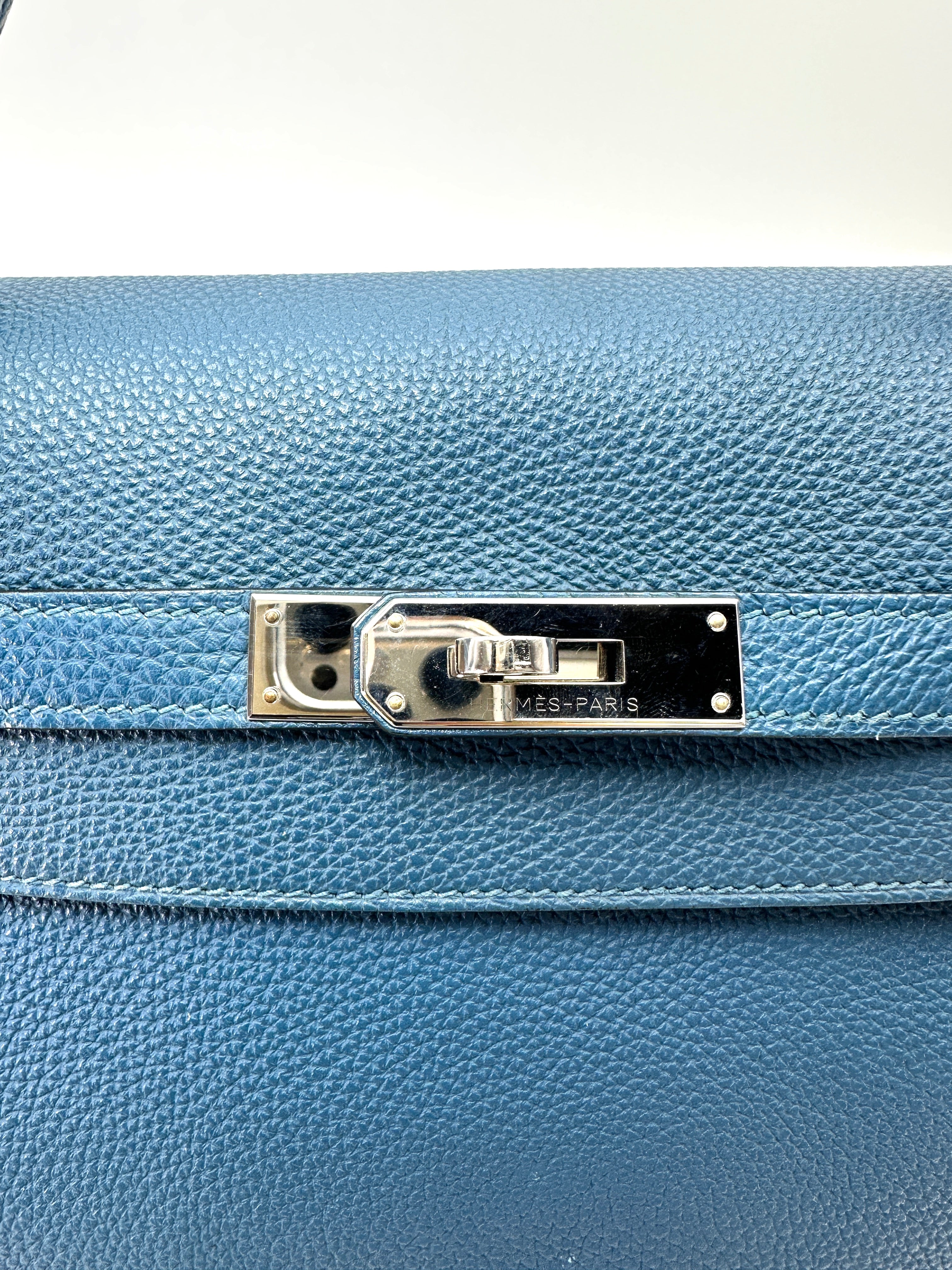 Hermes Kelly32 Blue Leather Top Handle Bag With Silver Hardware HR143