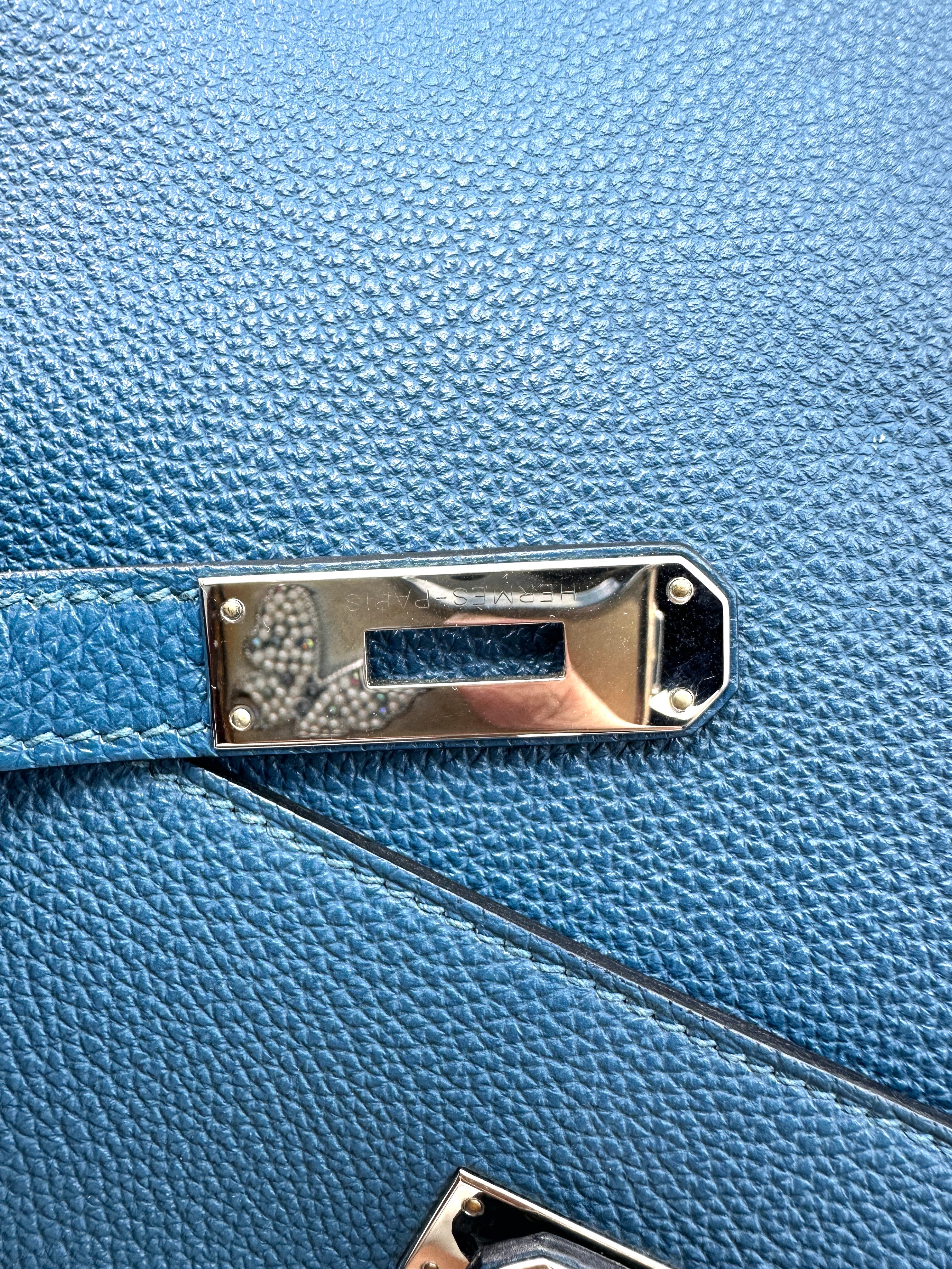 Hermes Kelly32 Blue Leather Top Handle Bag With Silver Hardware HR143