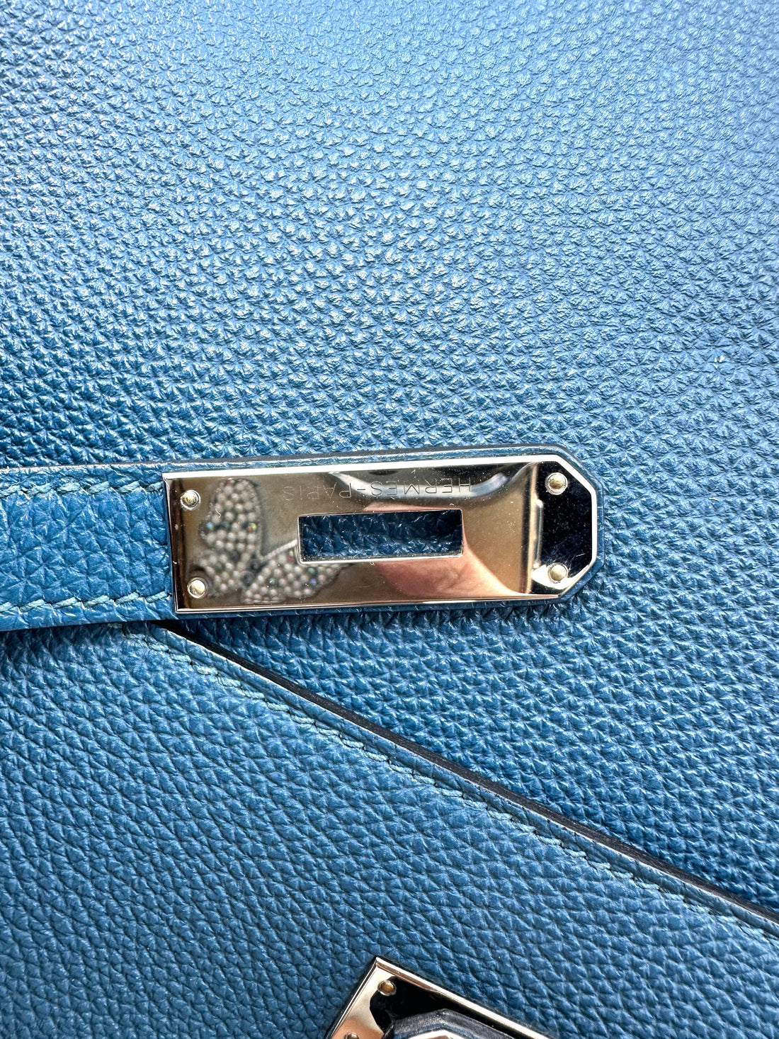 Hermes Kelly32 Blue Leather Top Handle Bag With Silver Hardware HR143