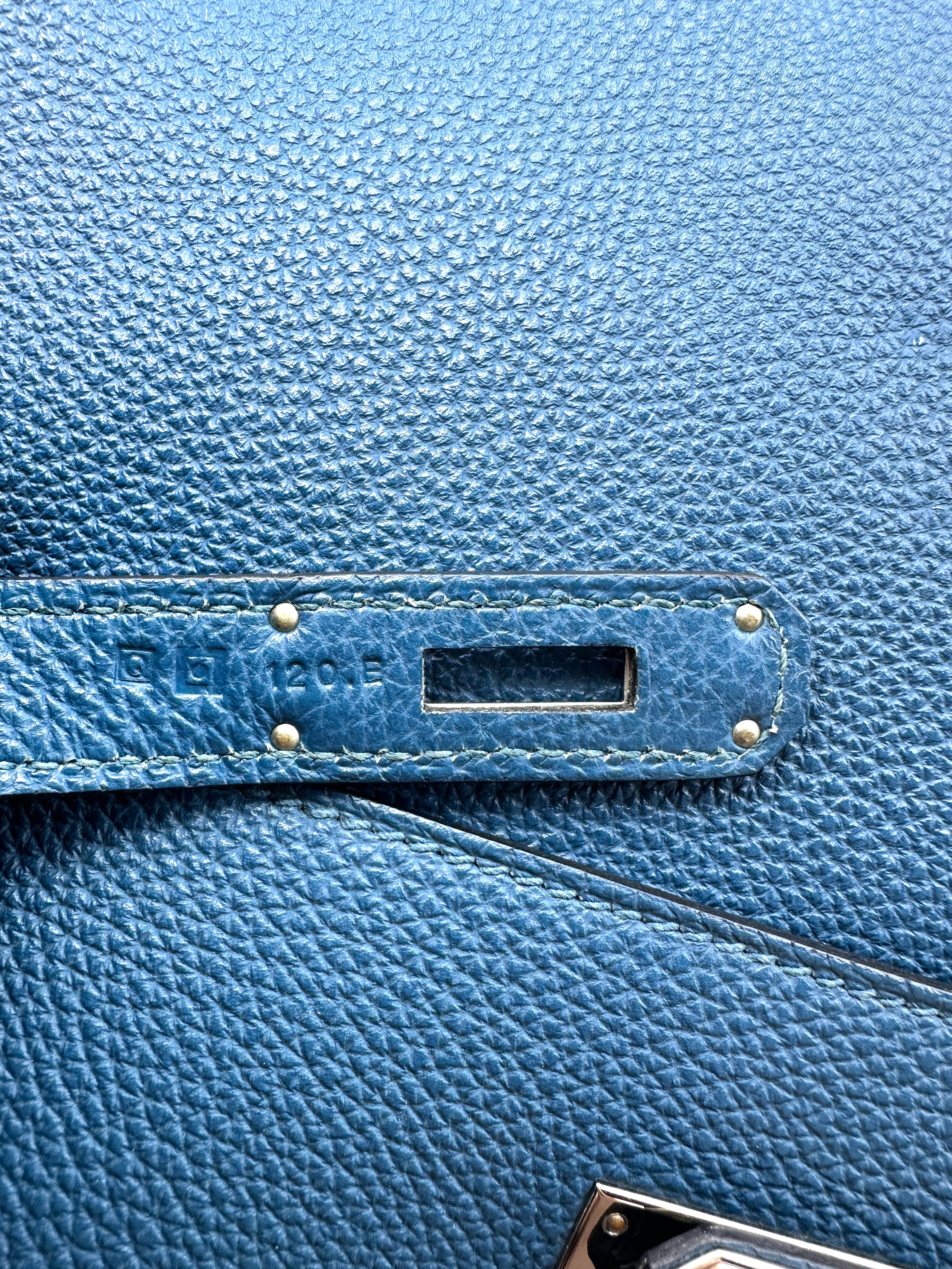 Hermes Kelly32 Blue Leather Top Handle Bag With Silver Hardware HR143