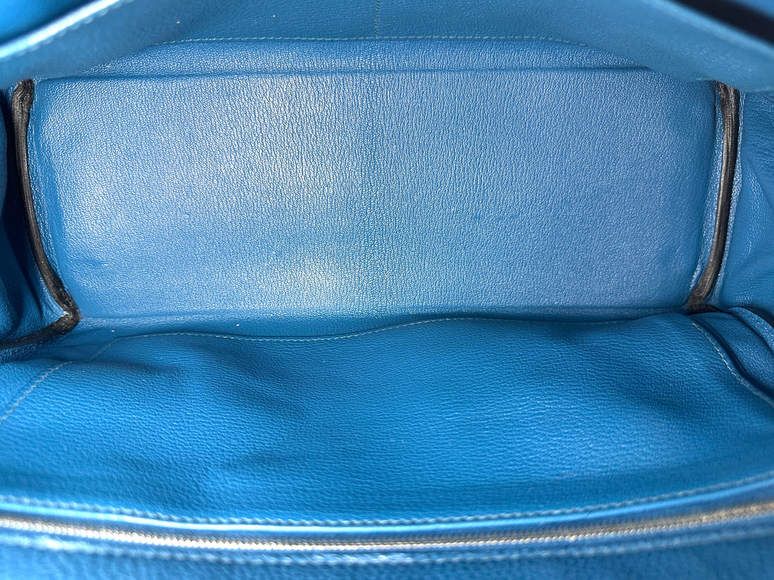 Hermes Kelly32 Blue Leather Top Handle Bag With Silver Hardware HR143