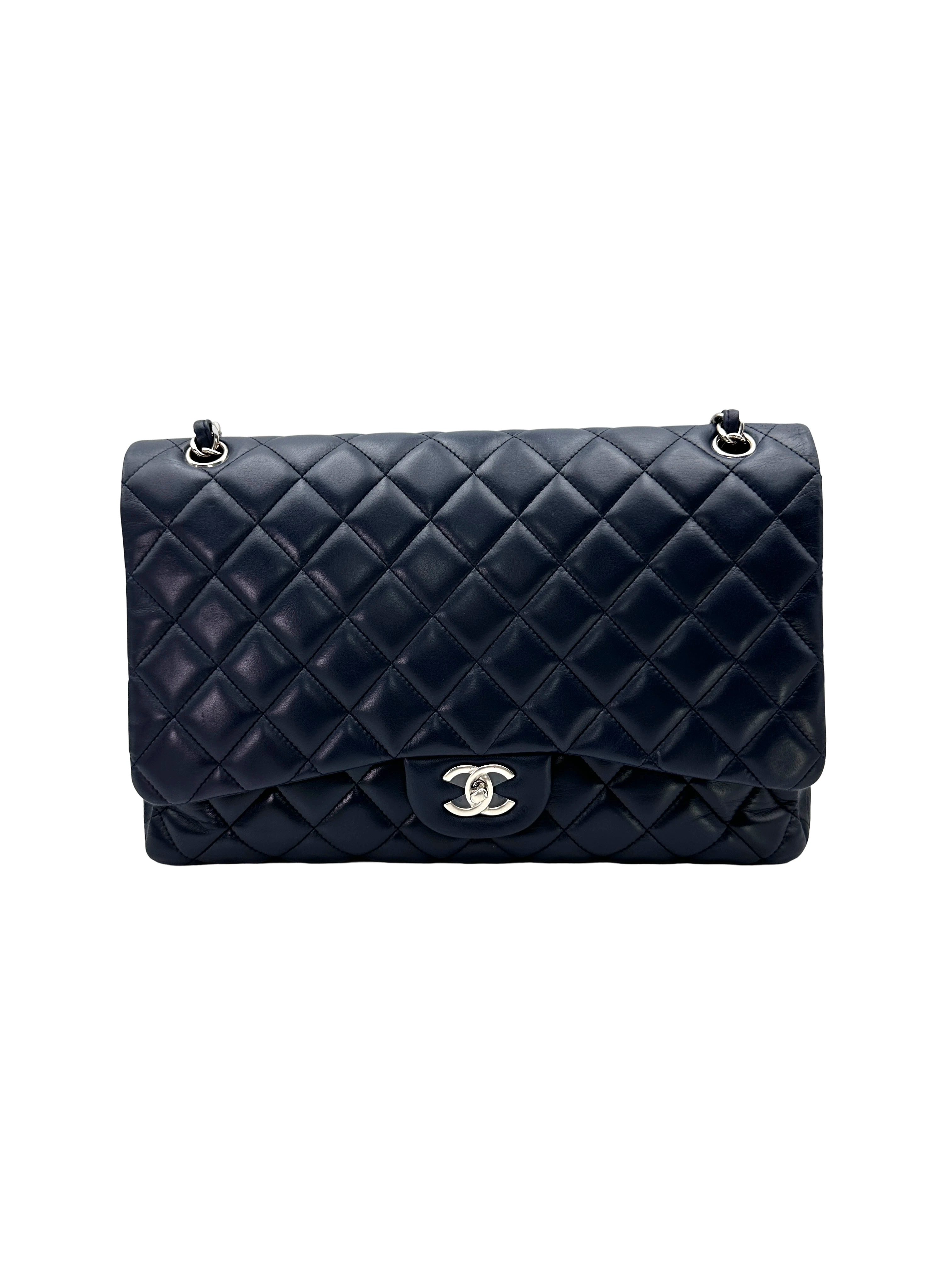 Chanel Classic Flap Navy Quilted Lambskin Maxi Shoulder Bag With Silver Hardware(13***89) CC2449