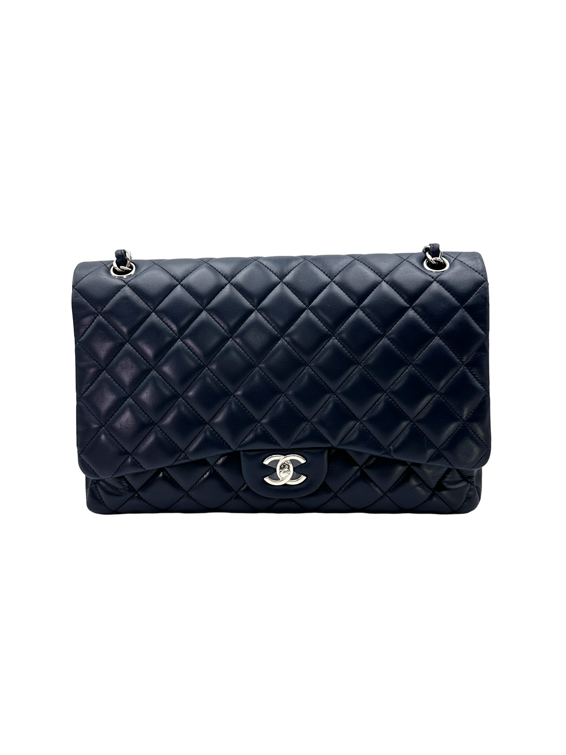 Chanel Classic Flap Navy Quilted Lambskin Maxi Shoulder Bag With Silver Hardware(13***89) CC2449