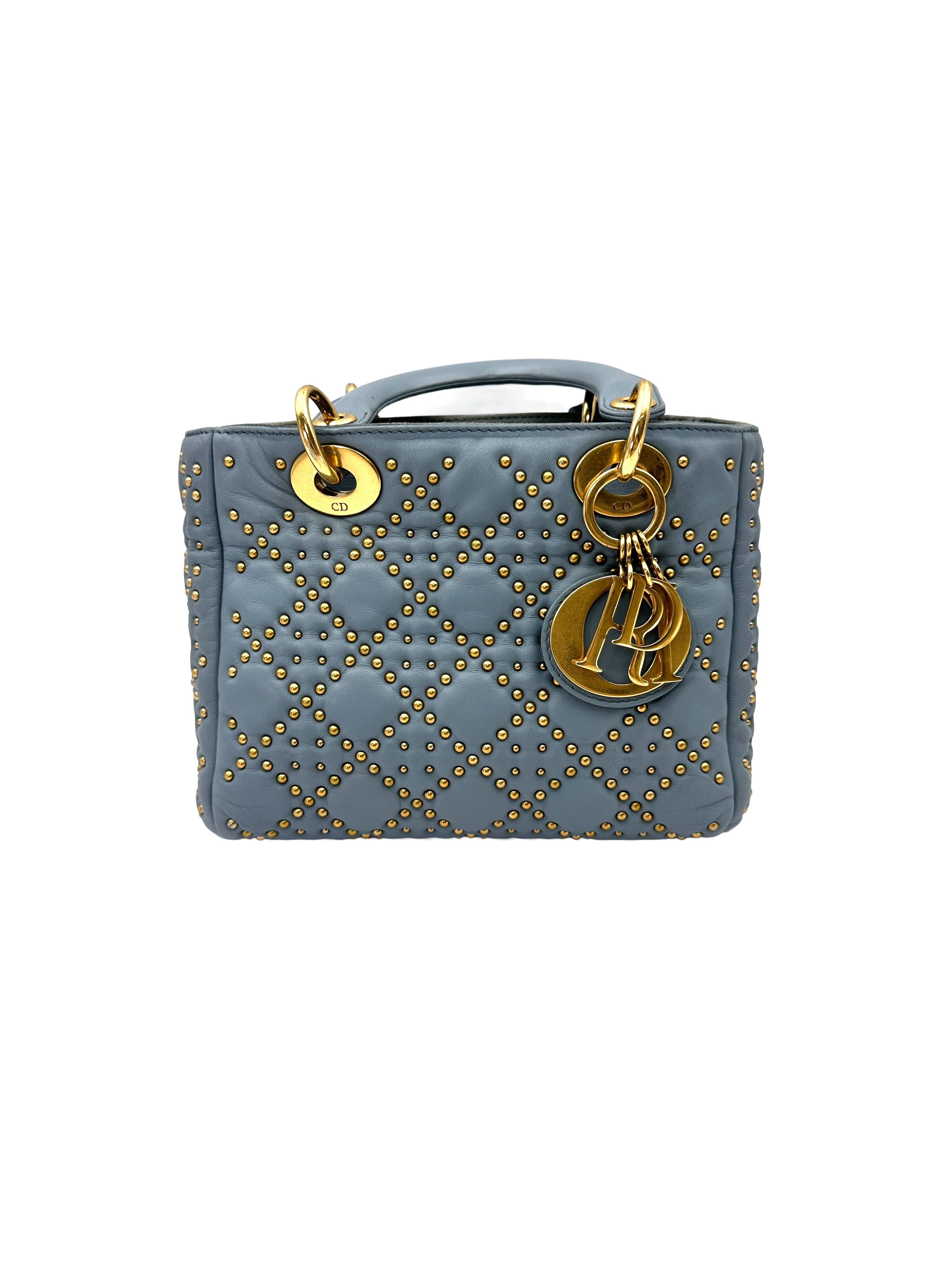 Christian Dior Lady Dior Blue Cannage Studs Leather Handle Bag DR876
